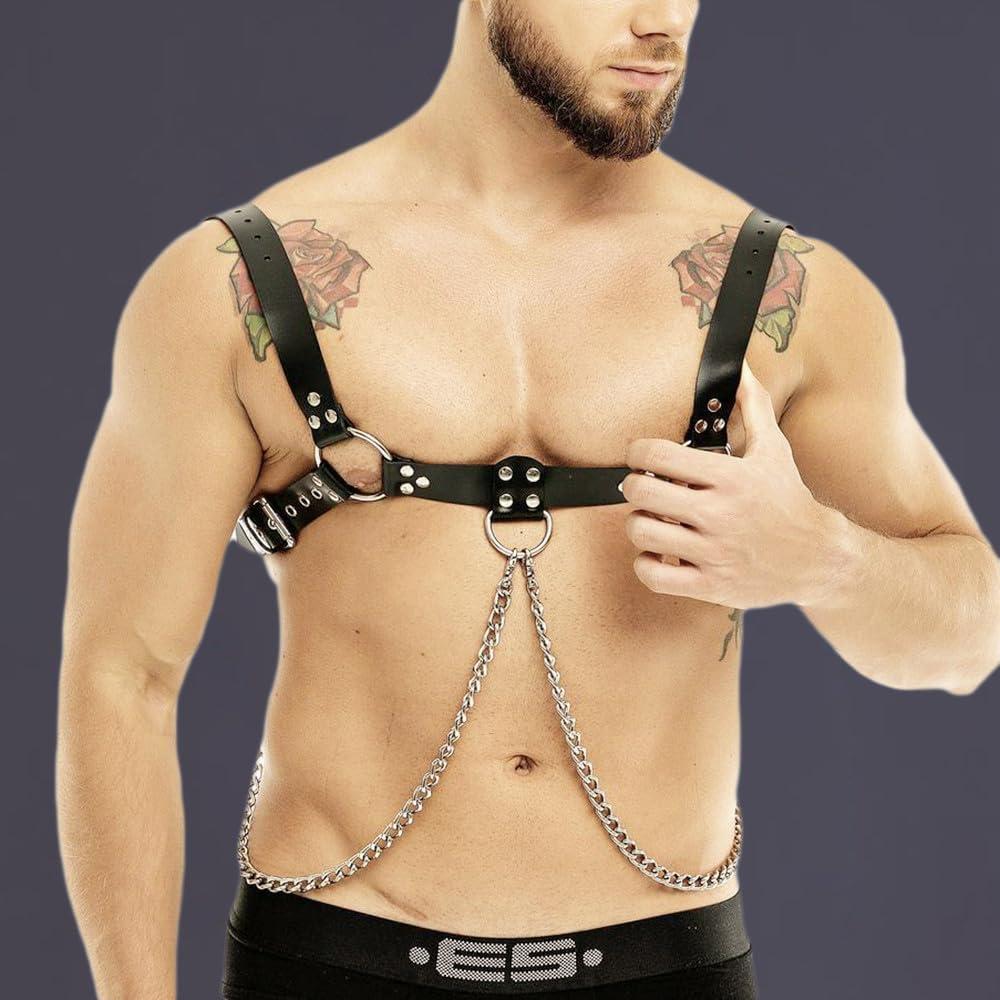 Arnés de pecho de cuero PU negro con cadenas ajustable