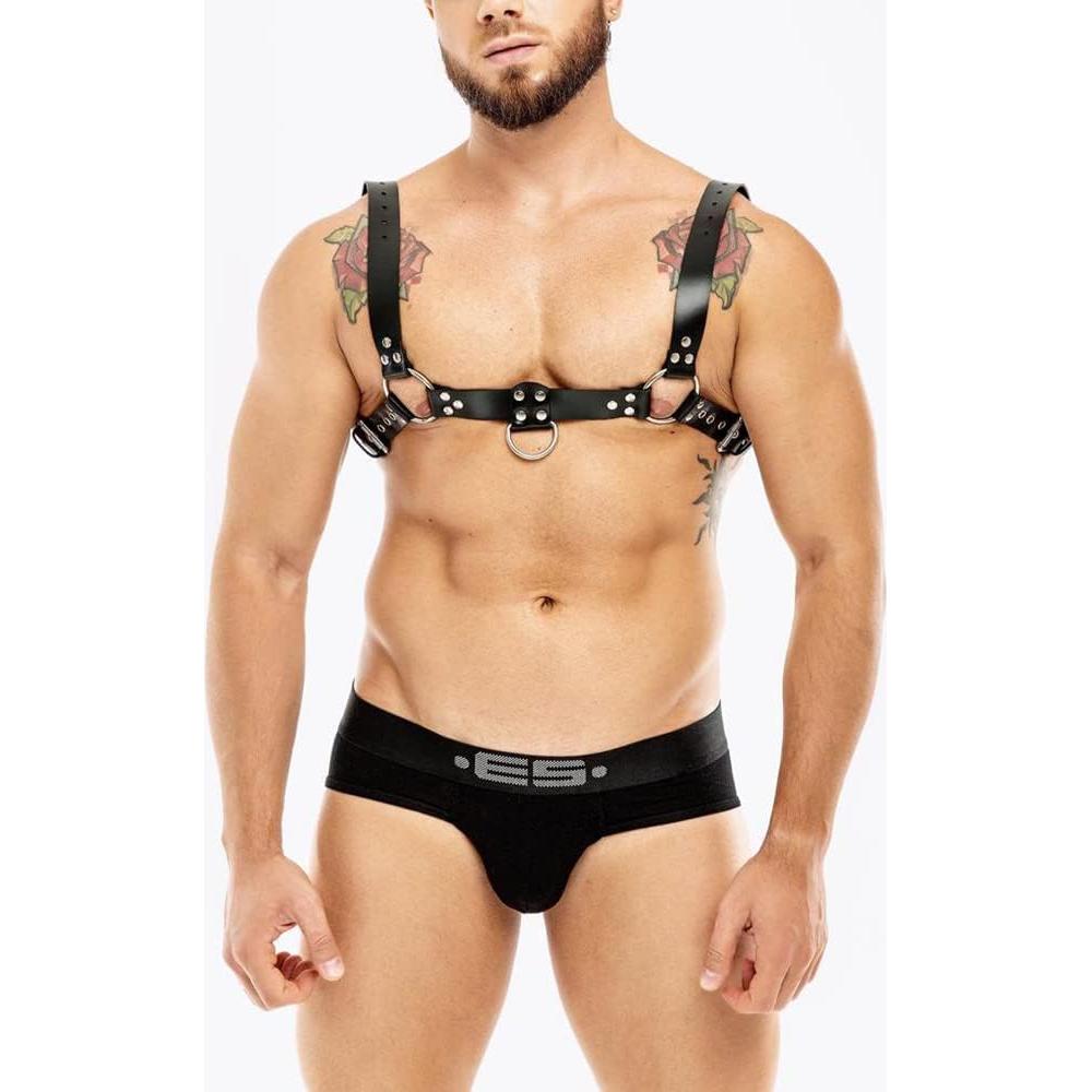 Arnés de pecho de cuero PU negro con cadenas ajustable