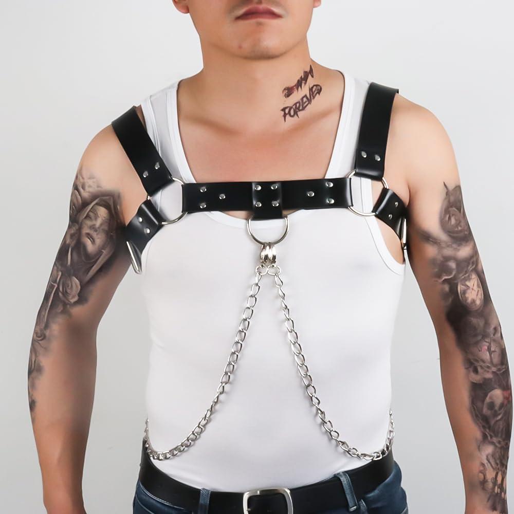 Arnés de pecho de cuero PU negro con cadenas ajustable