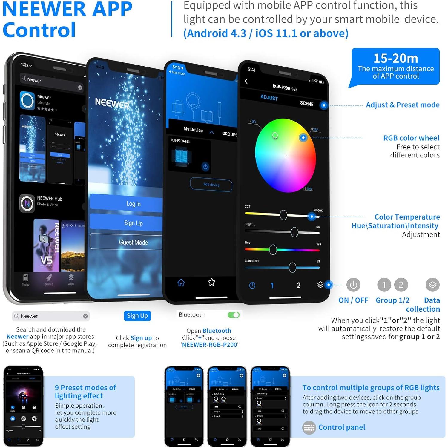 Kit de Luz LED Neewer P200 RGB con Control APP - 360°