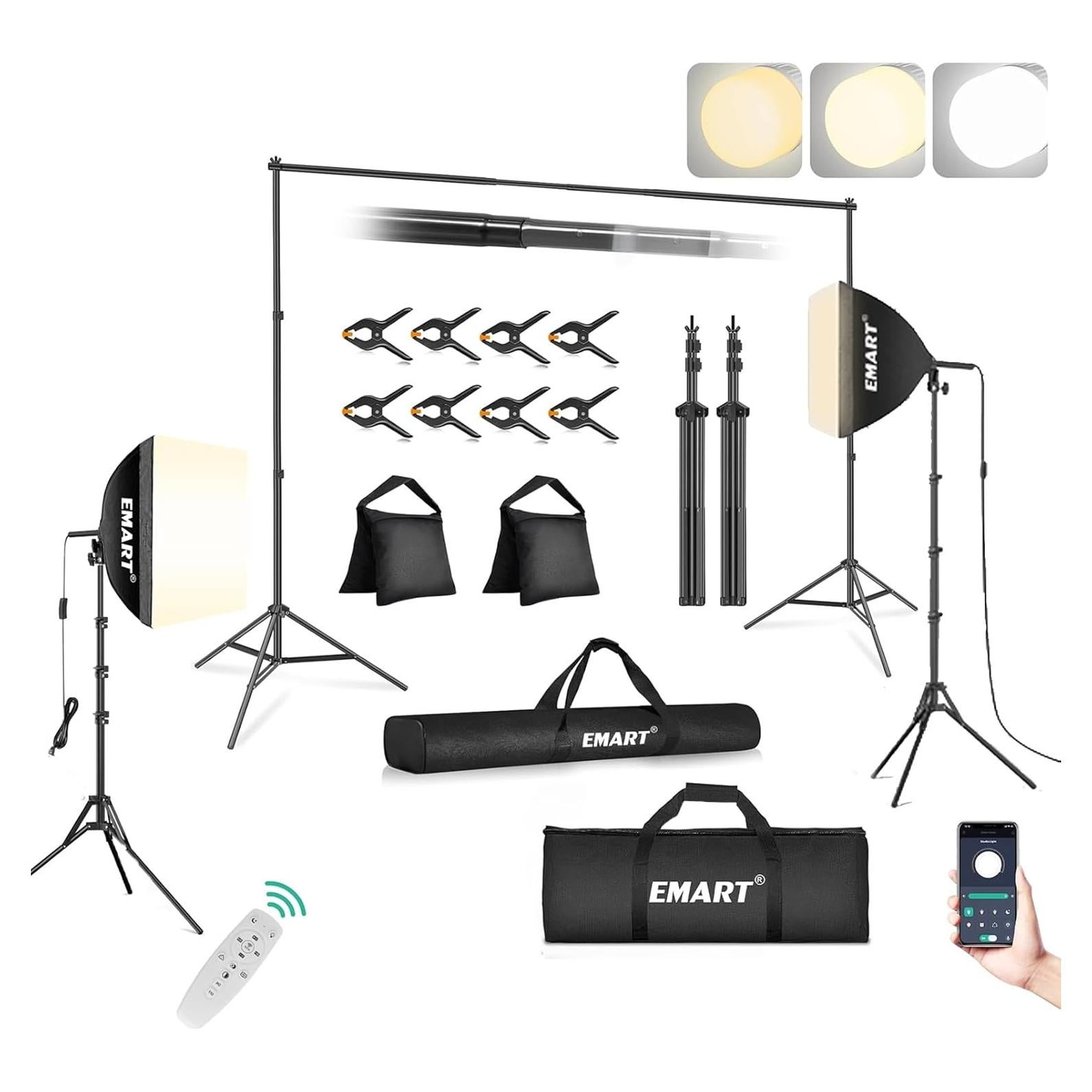 Kit de Soporte de Fondo Ajustable EMART 3x2.1m + Softbox 40x40cm