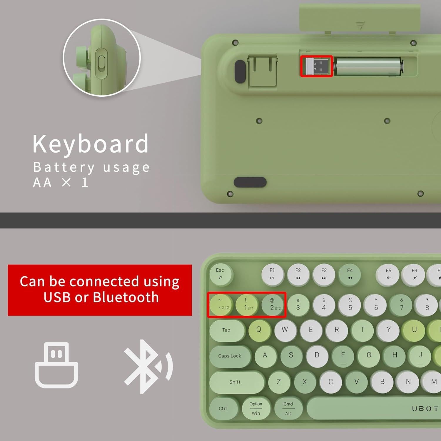 Teclado Inalámbrico UBOTIE Retro Multicolor para PC y Móvil