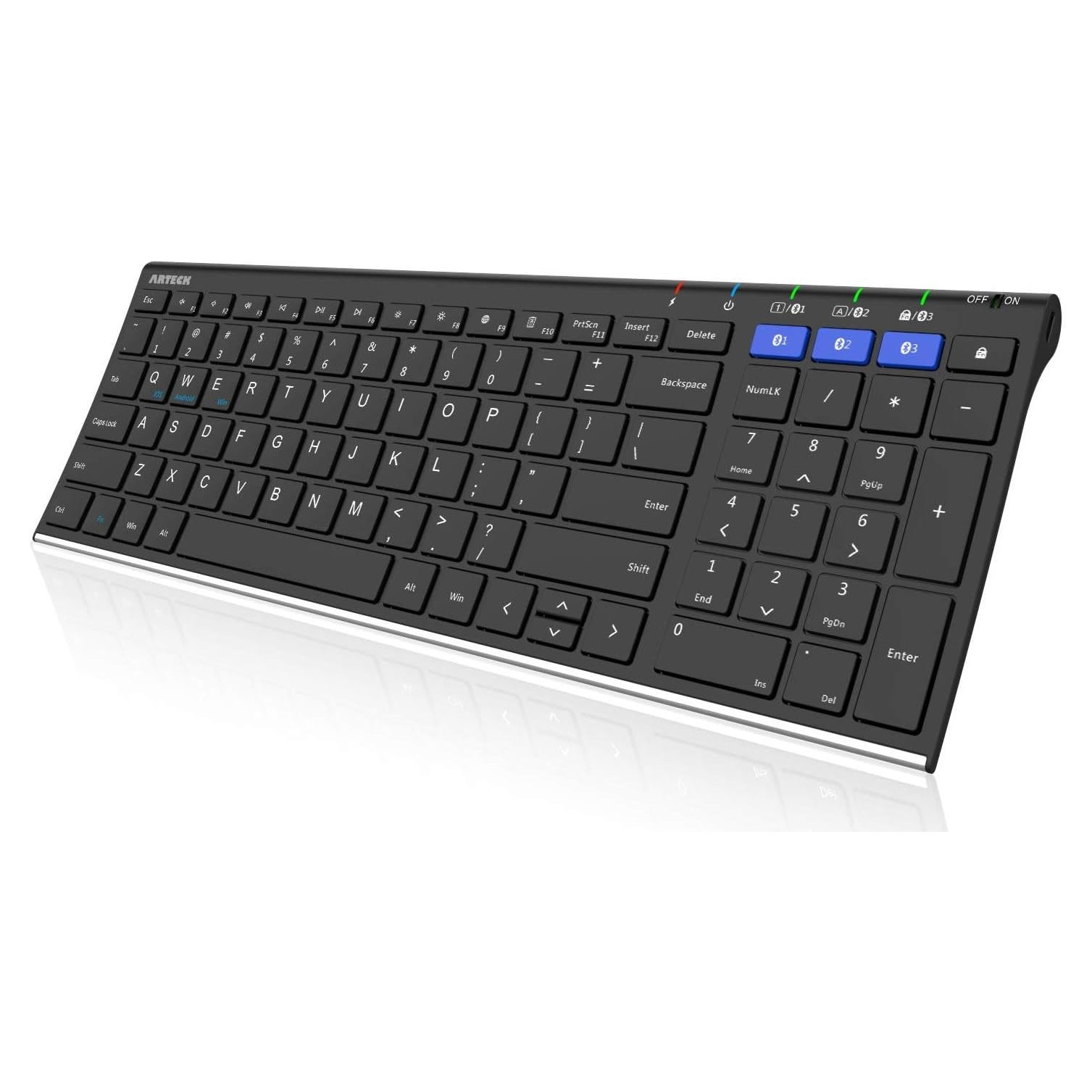 Arteck HB193 Universal Bluetooth Keyboard Multi-Device Stainless Steel Full Size Wireless Keyboard for Windows, iOS, Android, Computer Desktop Laptop Surface Tablet Smartphone Rechargeable Battery