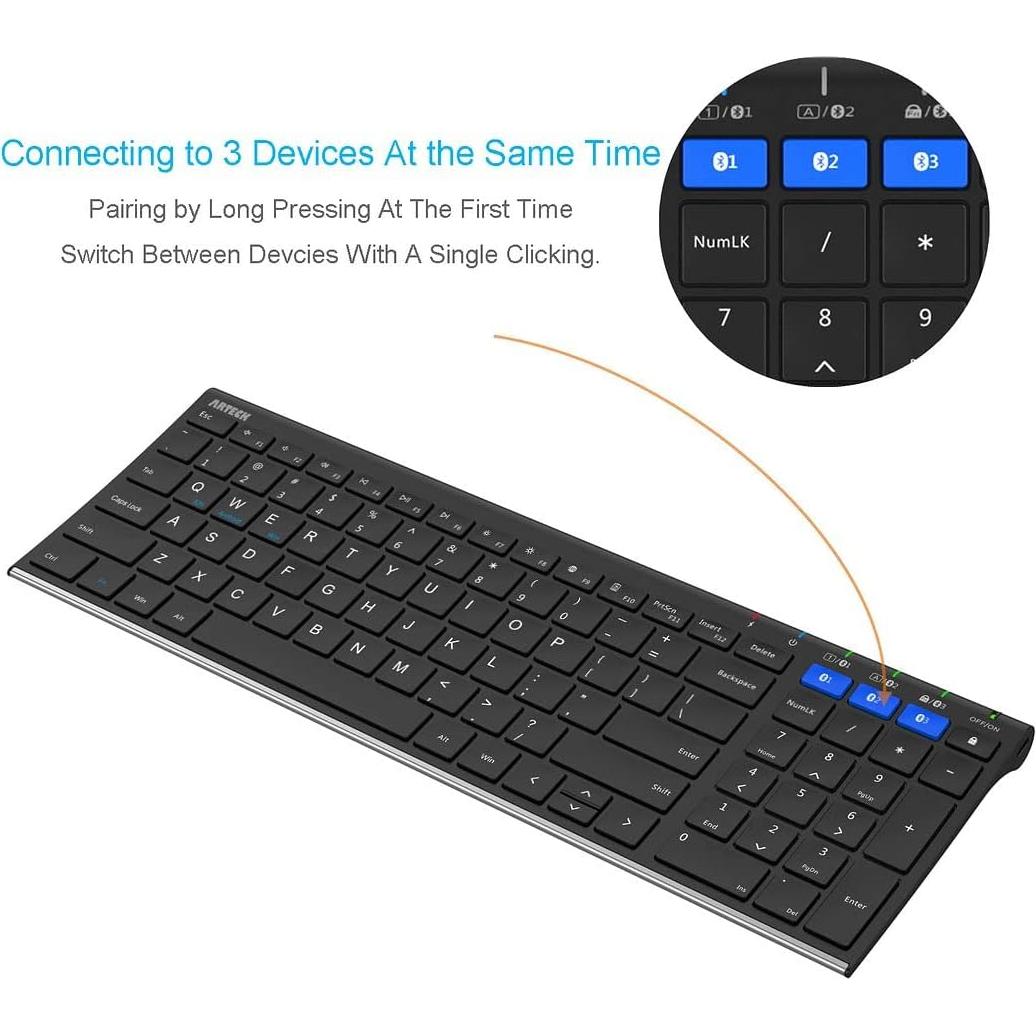 Arteck HB193 Universal Bluetooth Keyboard Multi-Device Stainless Steel Full Size Wireless Keyboard for Windows, iOS, Android, Computer Desktop Laptop Surface Tablet Smartphone Rechargeable Battery