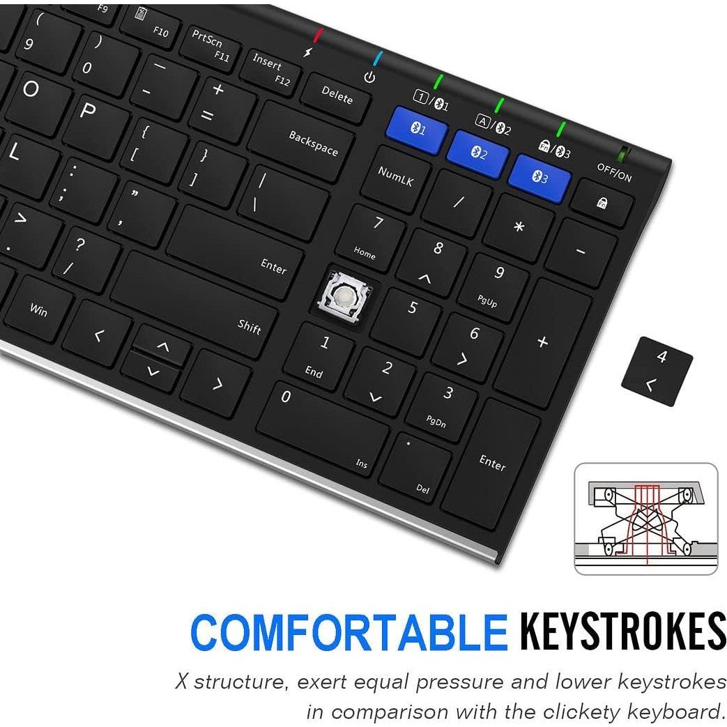 Arteck HB193 Universal Bluetooth Keyboard Multi-Device Stainless Steel Full Size Wireless Keyboard for Windows, iOS, Android, Computer Desktop Laptop Surface Tablet Smartphone Rechargeable Battery