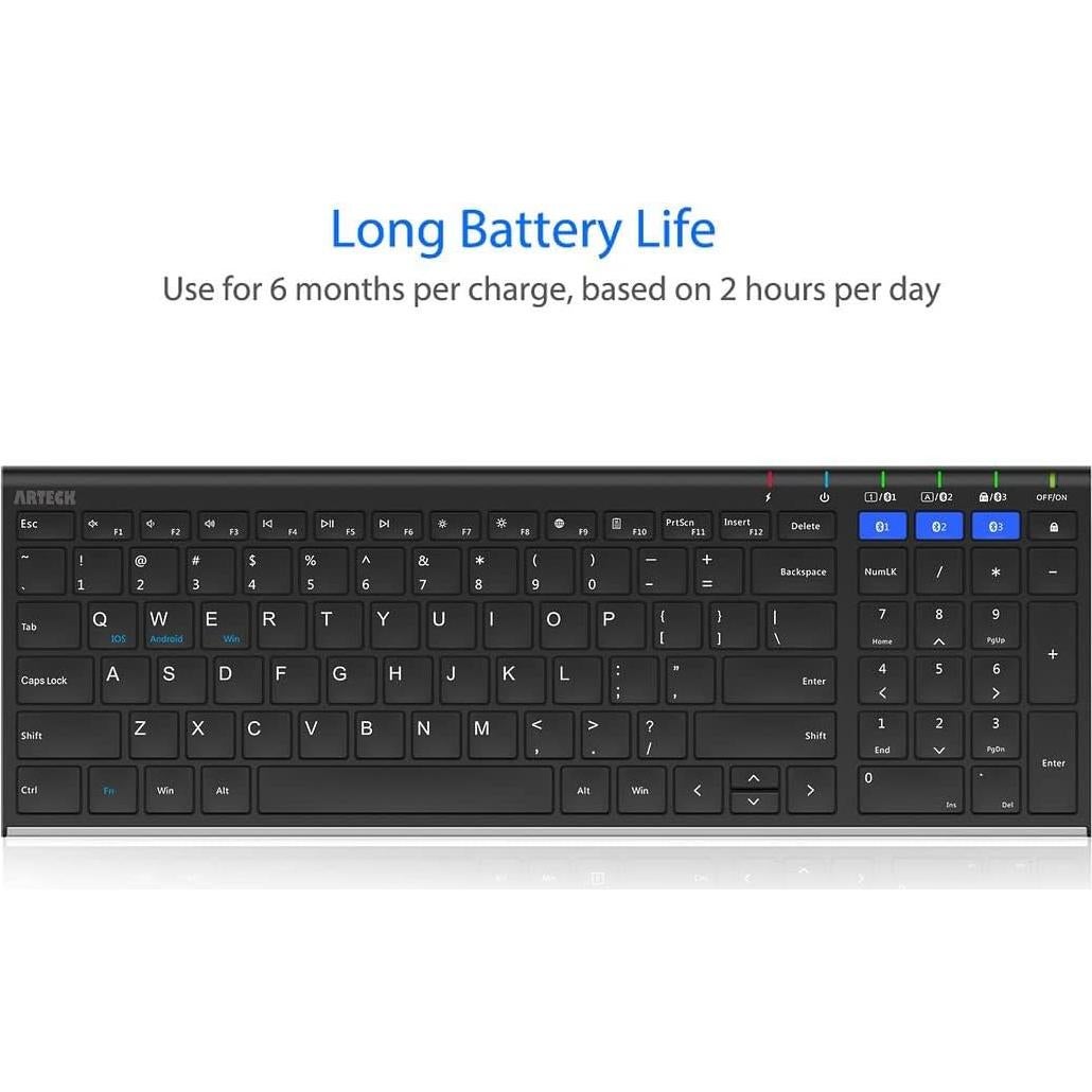 Arteck HB193 Universal Bluetooth Keyboard Multi-Device Stainless Steel Full Size Wireless Keyboard for Windows, iOS, Android, Computer Desktop Laptop Surface Tablet Smartphone Rechargeable Battery