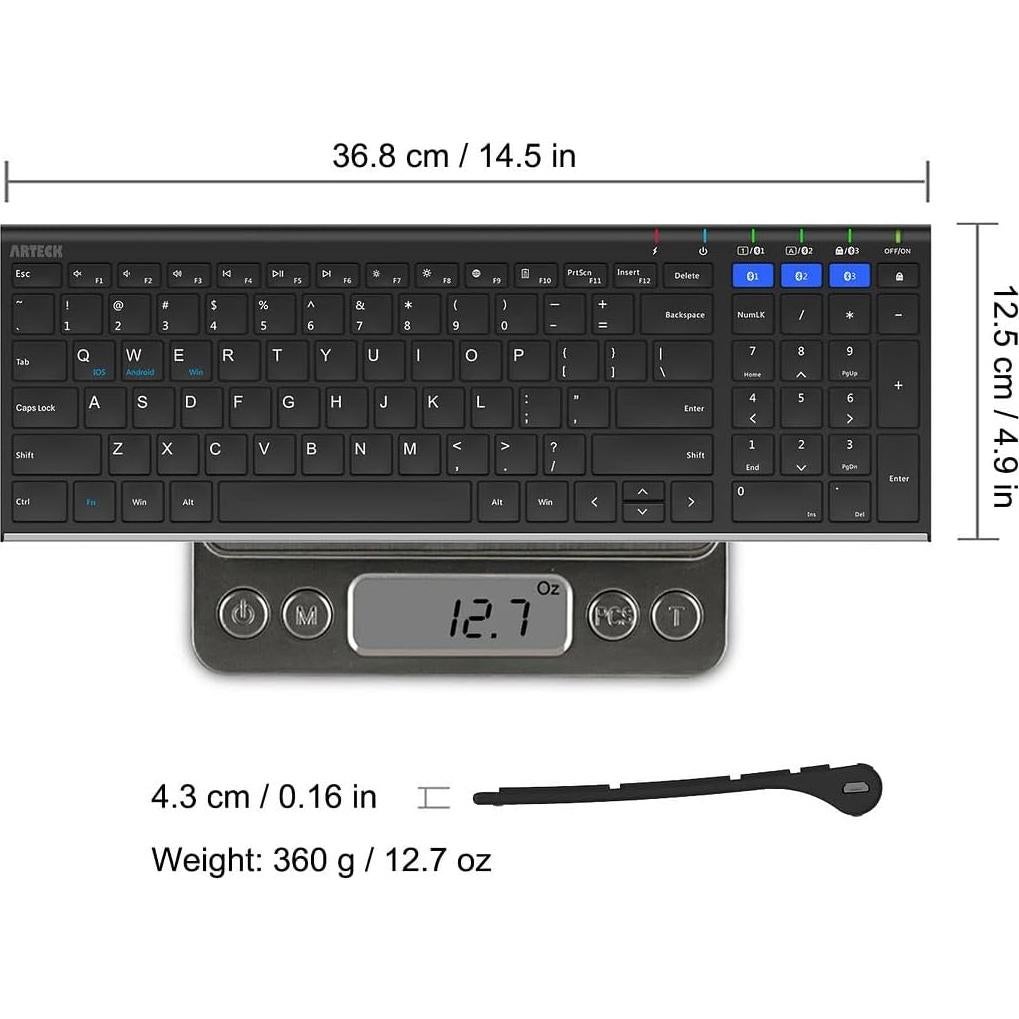 Arteck HB193 Universal Bluetooth Keyboard Multi-Device Stainless Steel Full Size Wireless Keyboard for Windows, iOS, Android, Computer Desktop Laptop Surface Tablet Smartphone Rechargeable Battery
