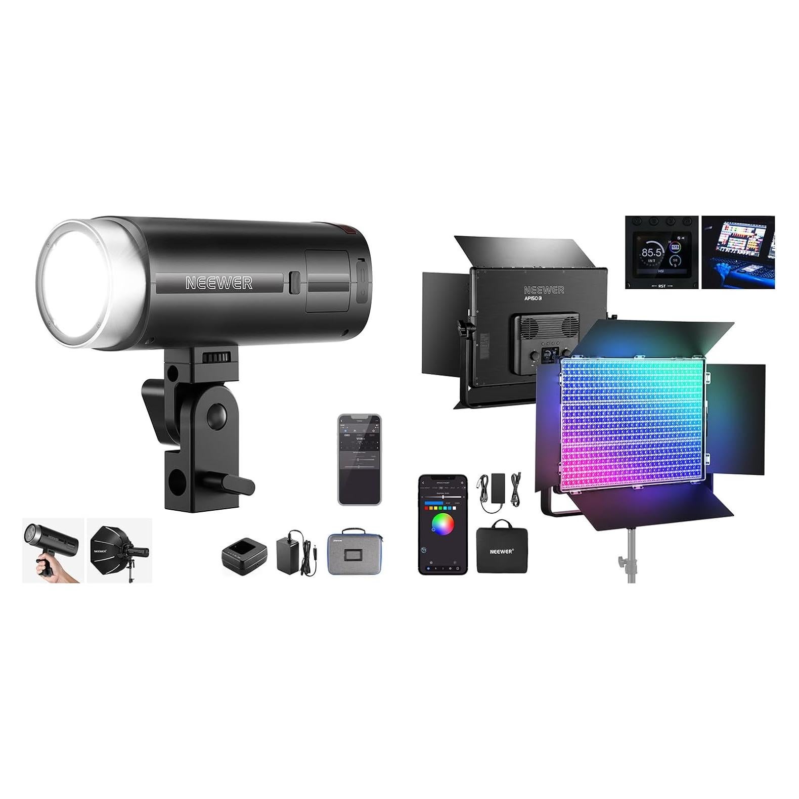 Kit de Luz de Video LED NEEWER AP150C 150W RGB con Flash Q200