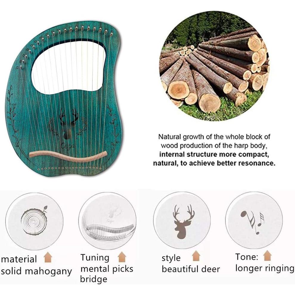 Arpa de Lira Aogbra 19 Cuerdas de Acero Verde con Bolsa