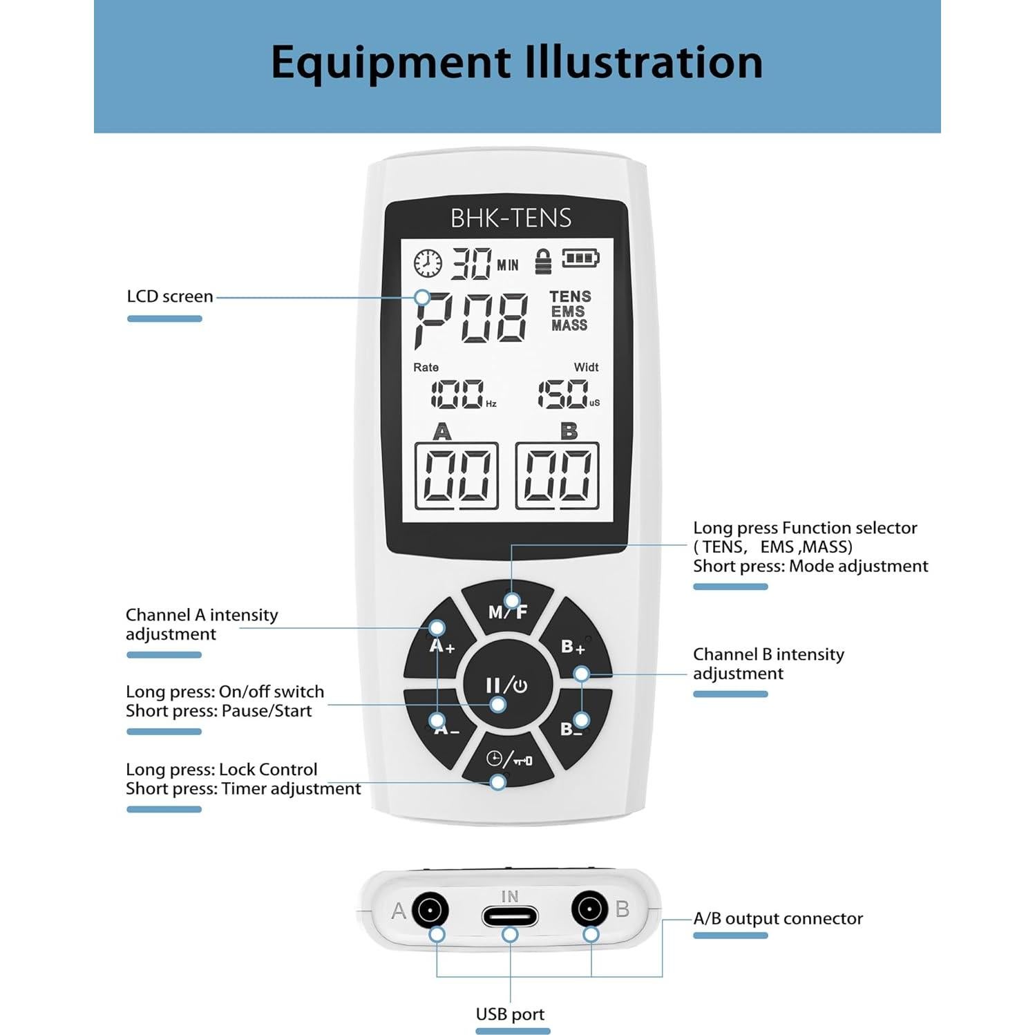 Estimulador Muscular TENS BHK-TENS 22 Modos Alivio Dolor