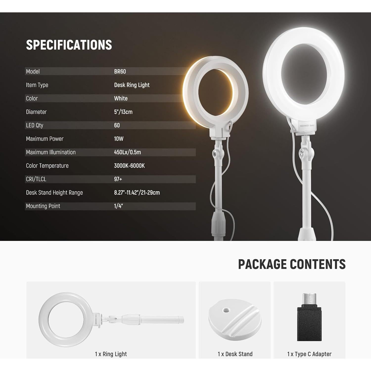 Luz de Anillo NEEWER BR60 10W LED Ajustable para Selfie