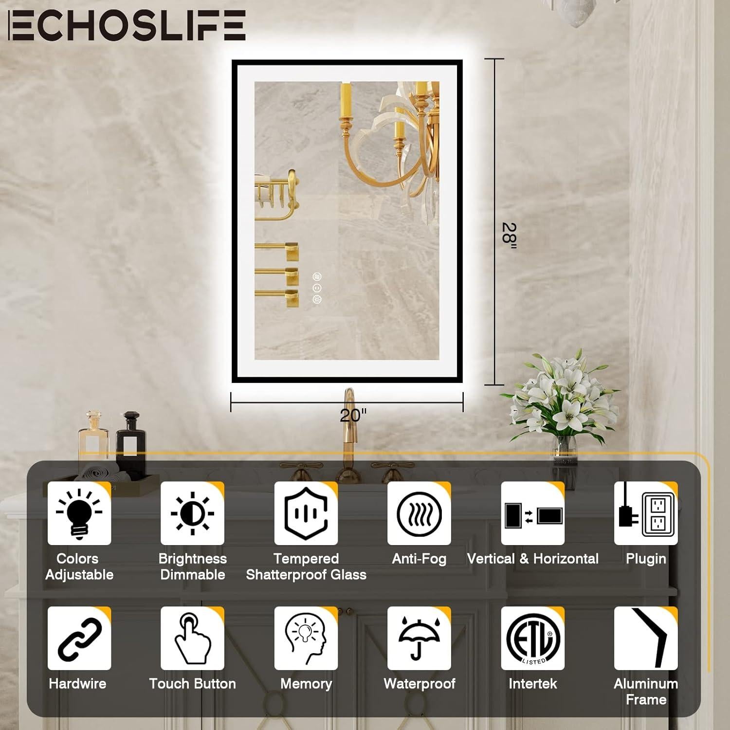 Espejo LED EchosLife 20x28 cm con Marco Negro, Anti-vaho