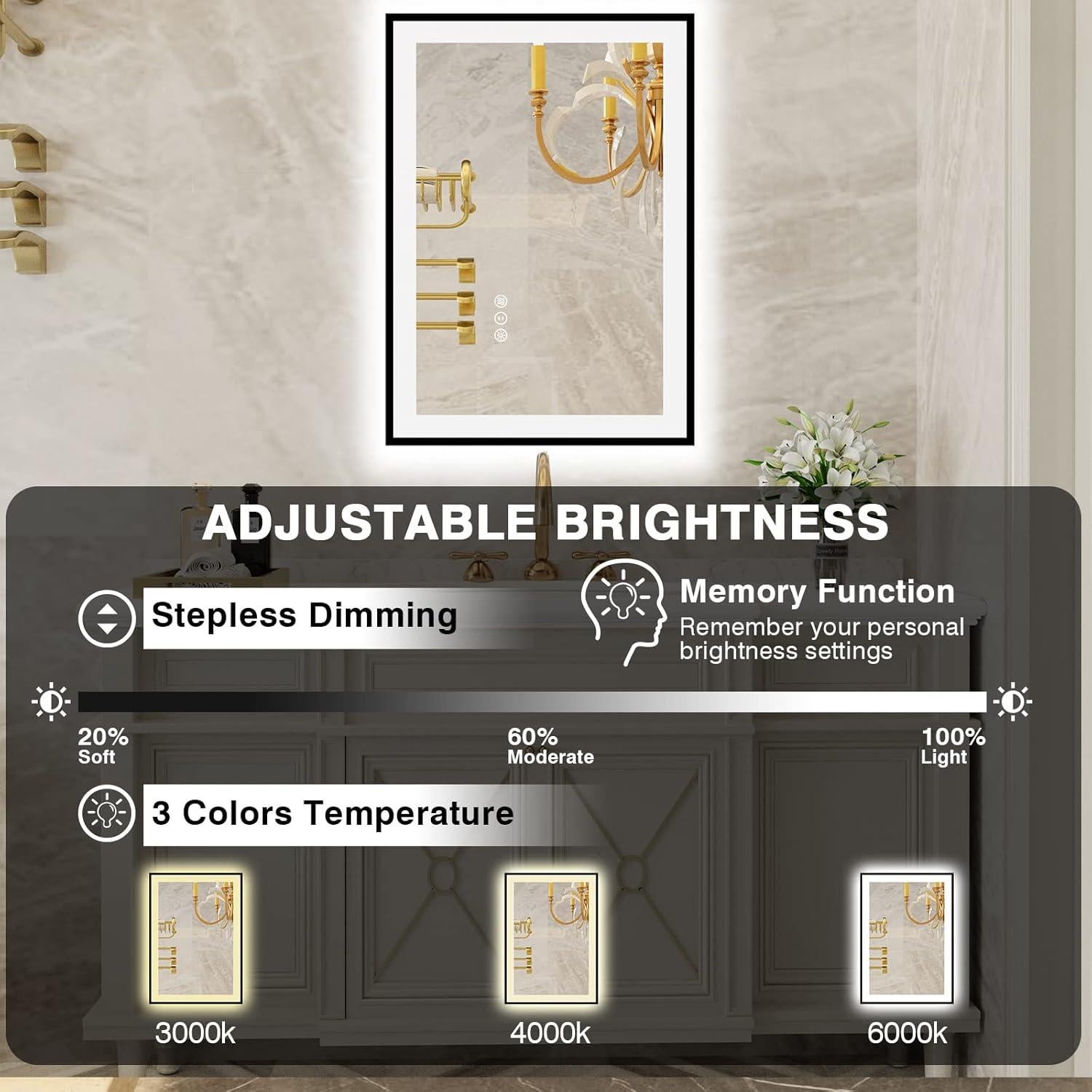 Espejo LED EchosLife 20x28 cm con Marco Negro, Anti-vaho