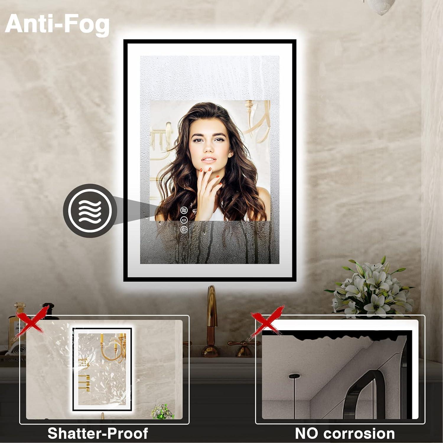 Espejo LED EchosLife 20x28 cm con Marco Negro, Anti-vaho