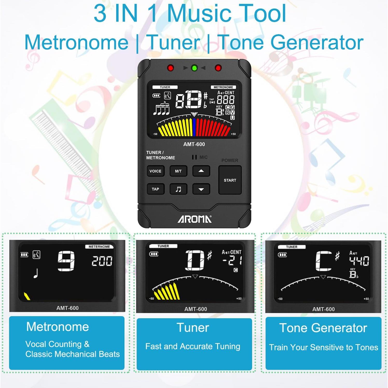 Metrónomo Digital 3 en 1 Afinador Generador de Tonos