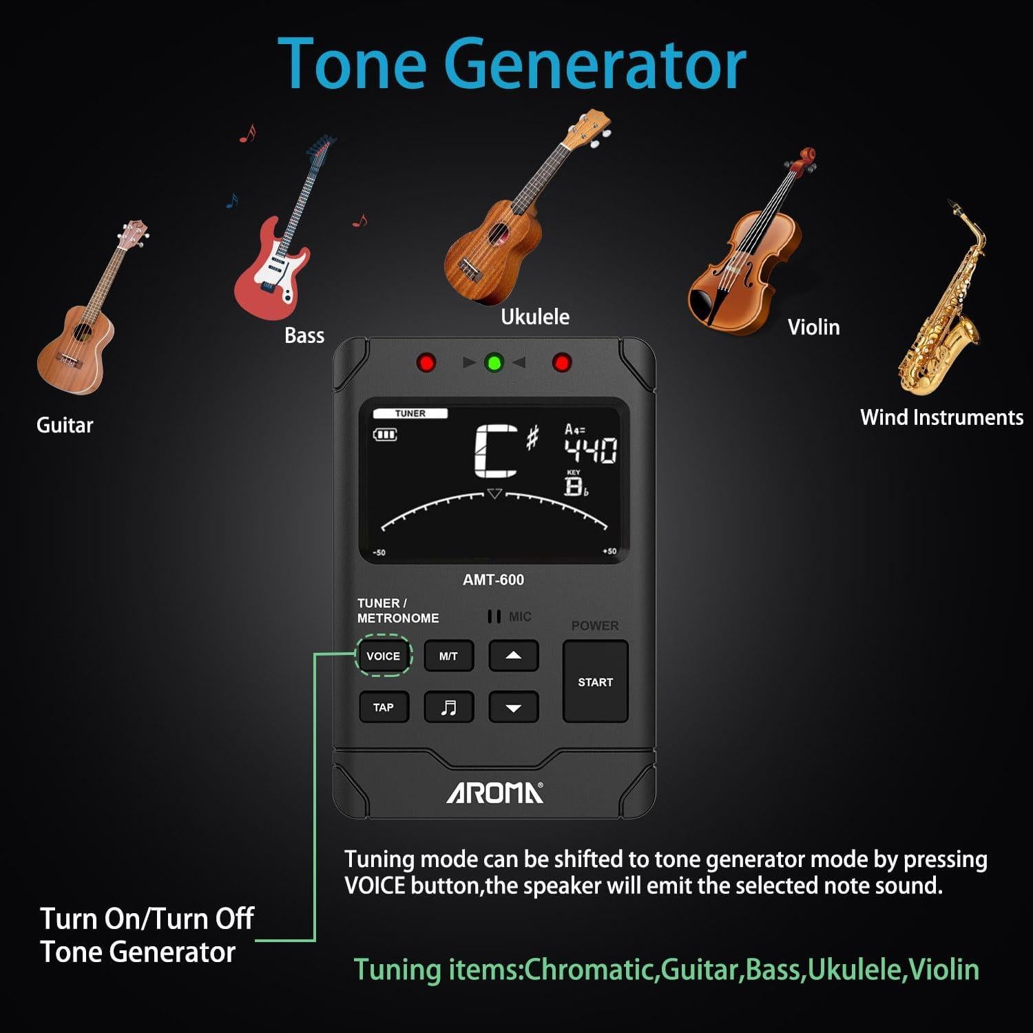 Metrónomo Digital 3 en 1 Afinador Generador de Tonos