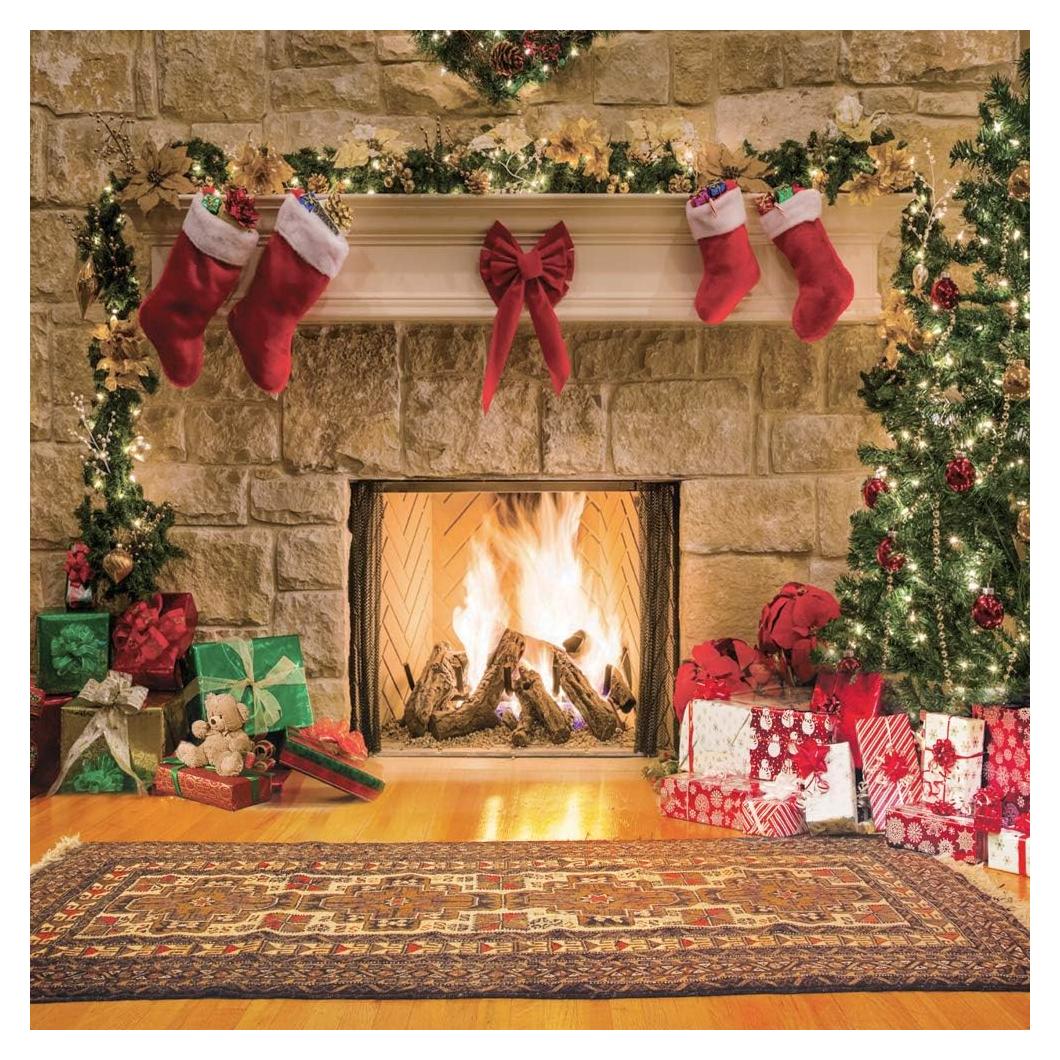 CYLYH 8x8ft Christmas Fireplace Backdrop Fabric Interior Vintage Xmas Tree Stockings Photography Background Child Christmas Party Decoration Background