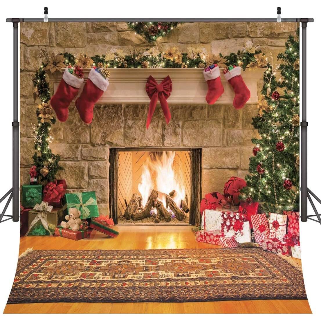 CYLYH 8x8ft Christmas Fireplace Backdrop Fabric Interior Vintage Xmas Tree Stockings Photography Background Child Christmas Party Decoration Background