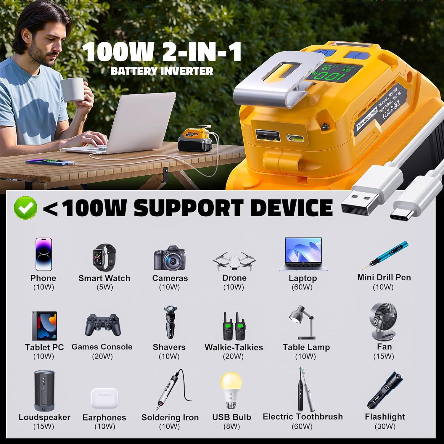 Adaptador de Batería USB 100W LIVOWALNY para Dewalt 20V