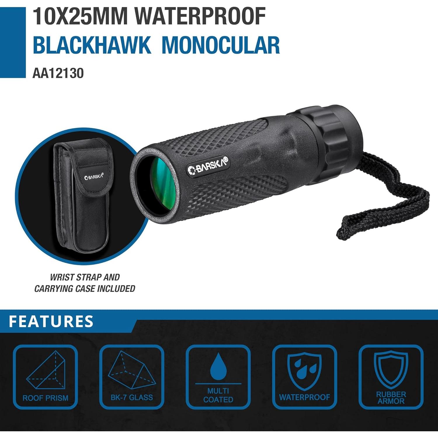 Barska Blackhawk Waterproof Monocular – Compact, Fogproof, Multi-Coated Optics, Slip-Resistant Grip for Birding, Hiking, Sports, Concerts & Outdoor Use