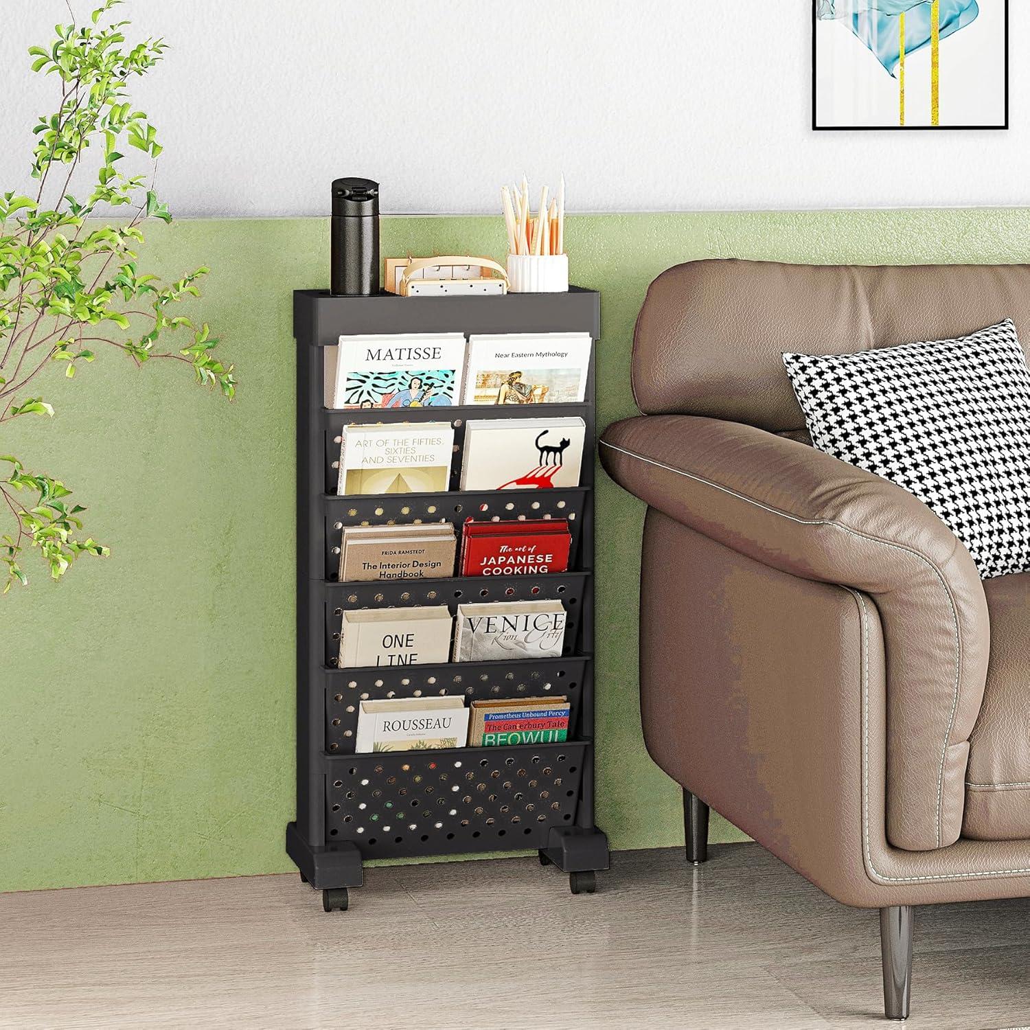 Carro de Estantería Móvil 6 Niveles BYFU Negro para Oficina