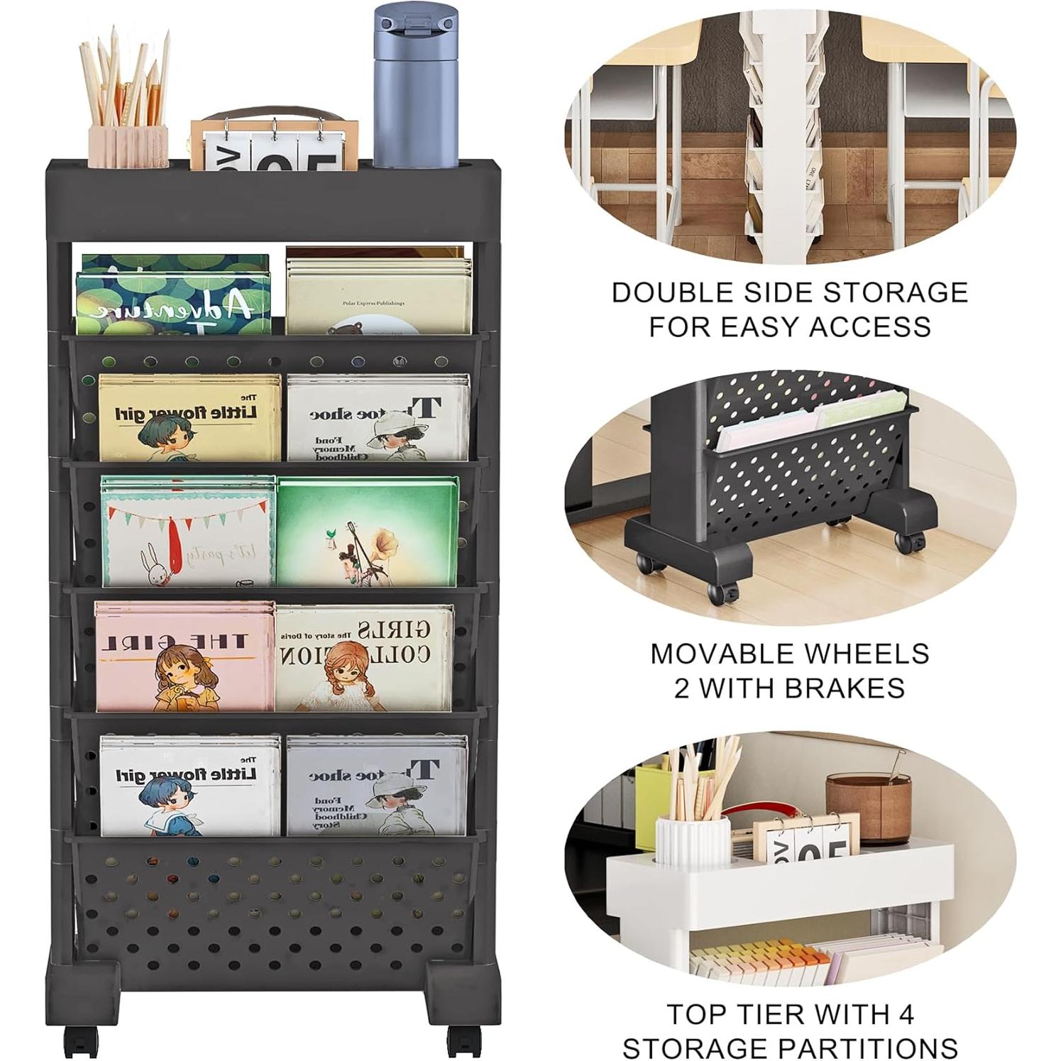 Carro de Estantería Móvil 6 Niveles BYFU Negro para Oficina