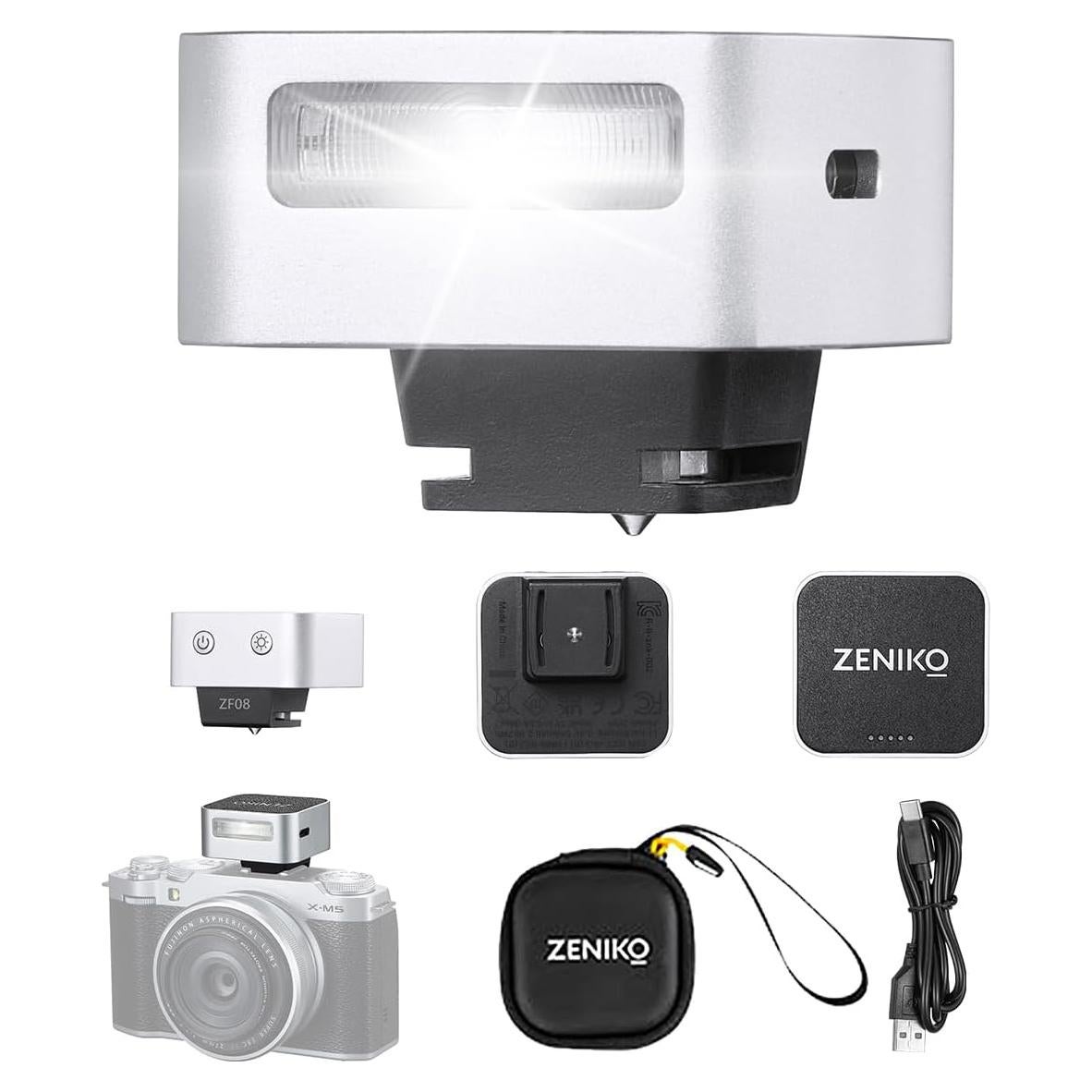 Flash de Cámara ZENIKO ZF08 - 440 Flashes, Carga Tipo-C, Plata