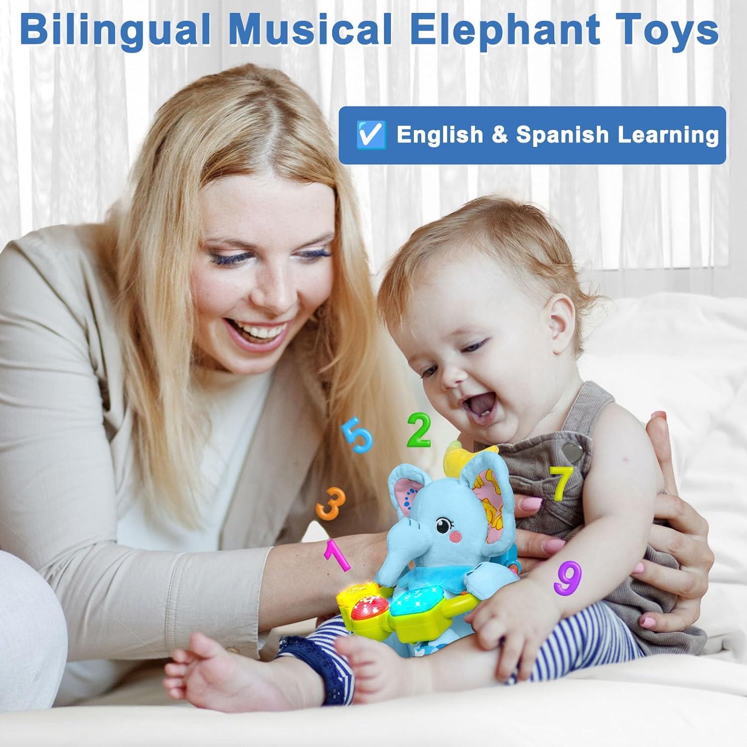 Juguete Elefante de Peluche Musical Bilingüe Holaxander Azul