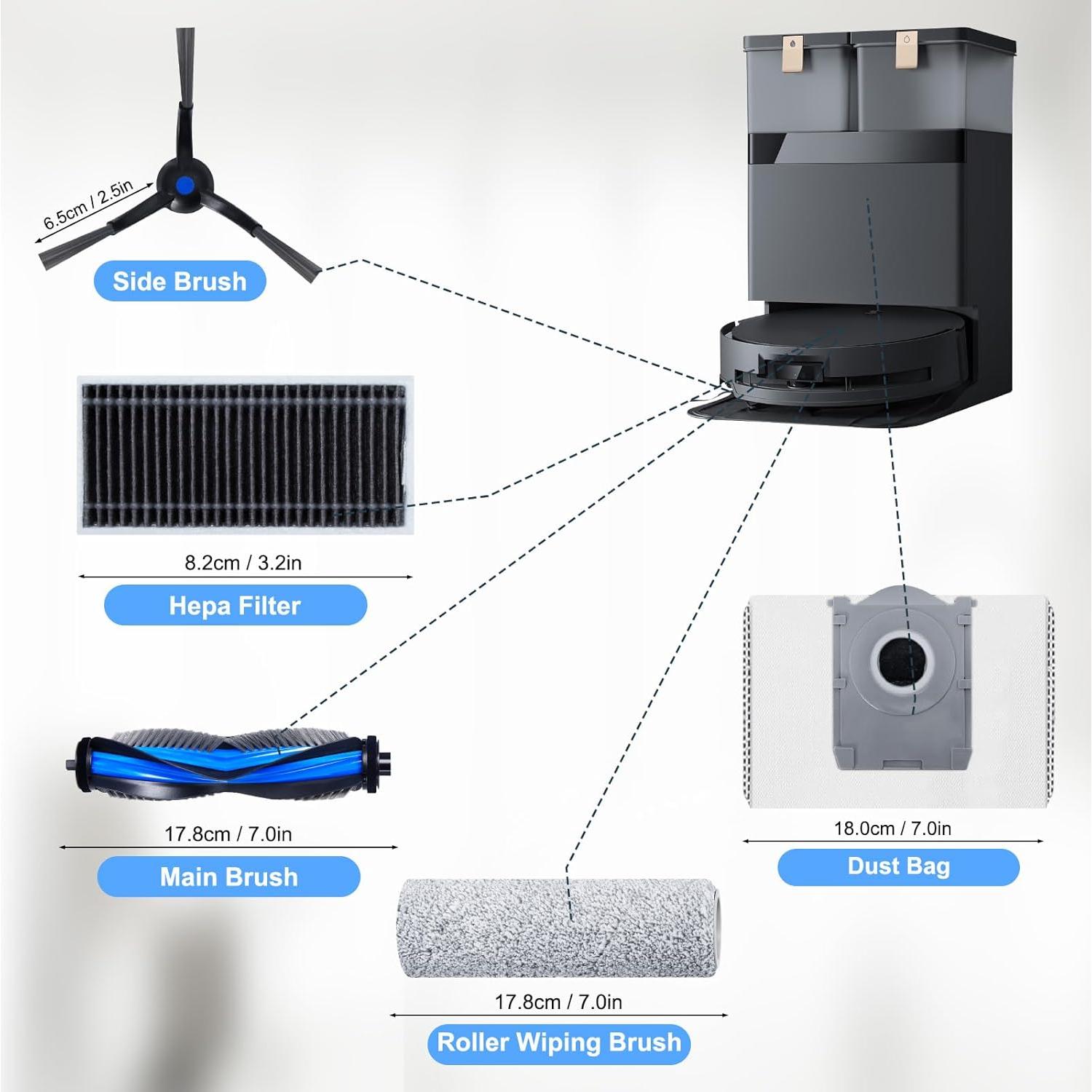 Juego de Accesorios para Aspiradora Robot Ecovacs Deebot X8 Pro Omni - 1 Cepillo Rodante, 1 Cepillo de Pelusa, 4 Filtros, 4 Bolsas de Polvo, 4 Cepillos Laterales