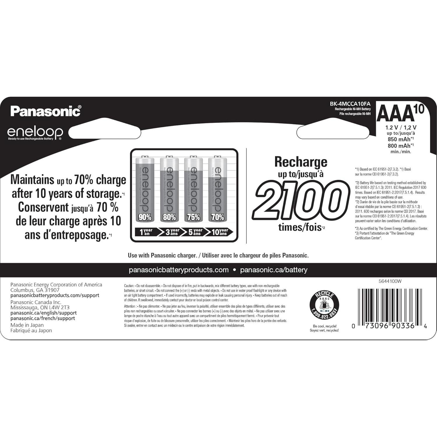 Baterías Recargables Eneloop Panasonic AAA 2100 Ciclos 10 Pzas