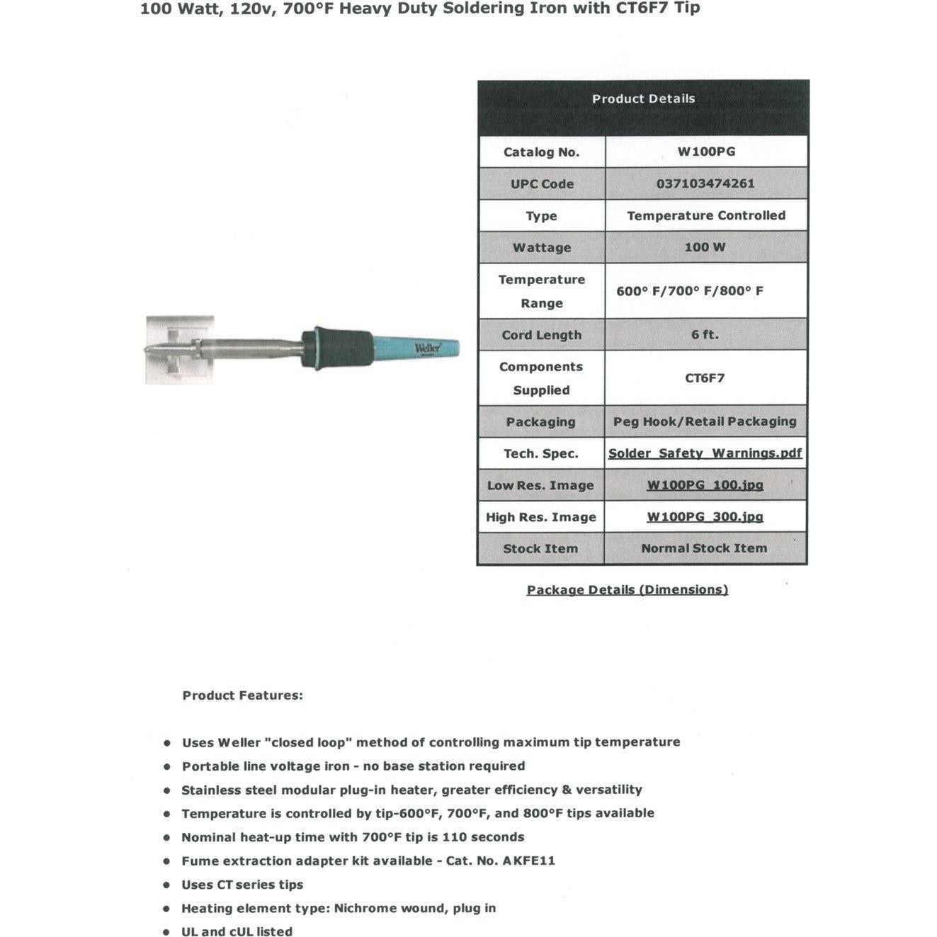 Soldador Weller W100PG 100W 371°C Punta CT6F7 Original