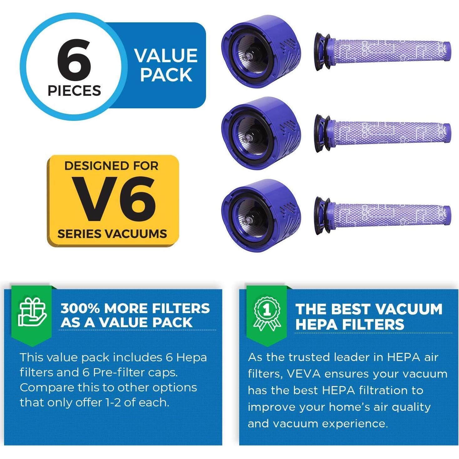 Filtros de Aspiradora VEVA para Dyson V6 Absolute - 6 Piezas HEPA