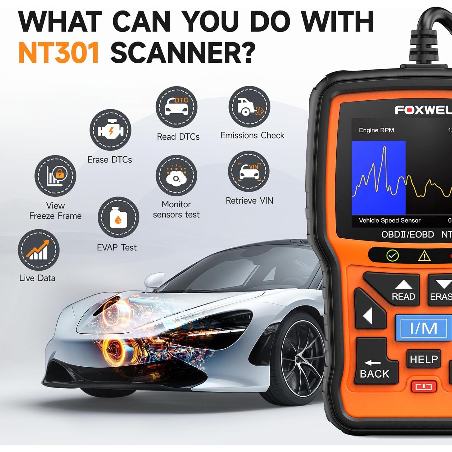 Escáner OBD2 FOXWELL NT301 Lector de Códigos y Datos en Vivo
