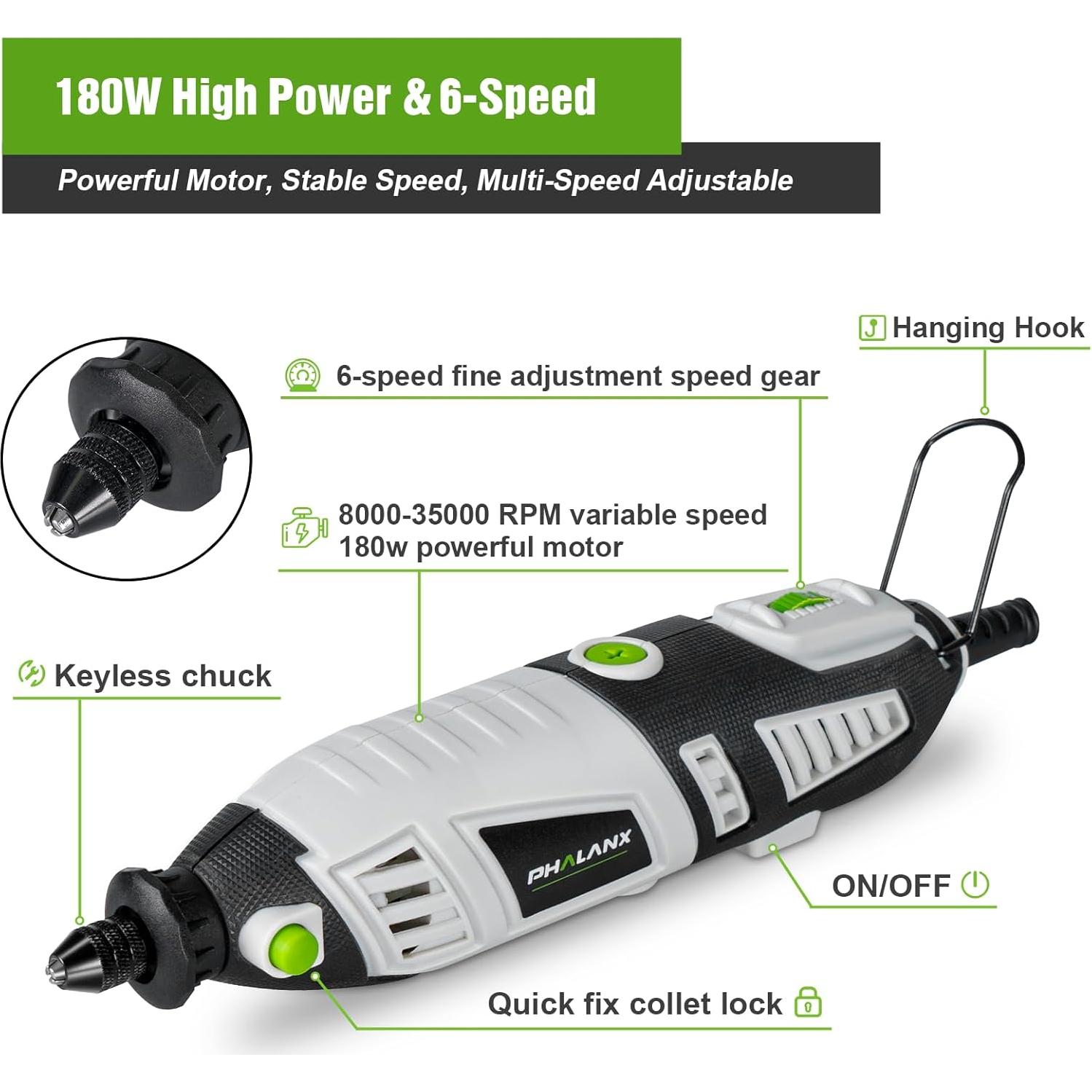 Kit de Herramientas Rotativas PHALANX 180W 213 Piezas Multiuso