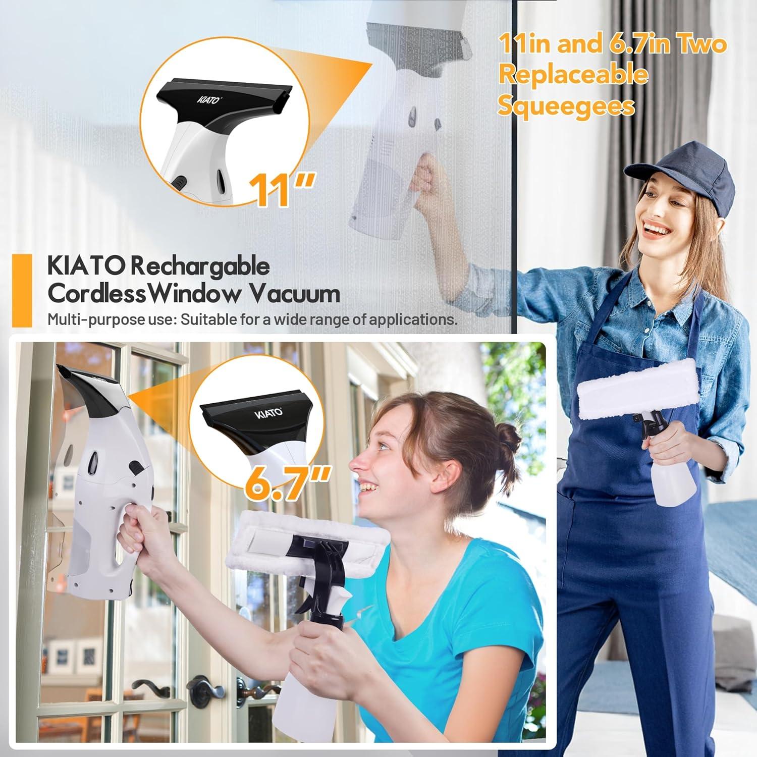 Window Vacuum Squeegee Cordless, Electric Window Vac, Rechargeable Window Cleaner with 2 X Squeegee (11”+ 6.7”), Spray/Wipe/Suck, for Cleaning Windows, Mirror, Shower Glass, 2200mA
