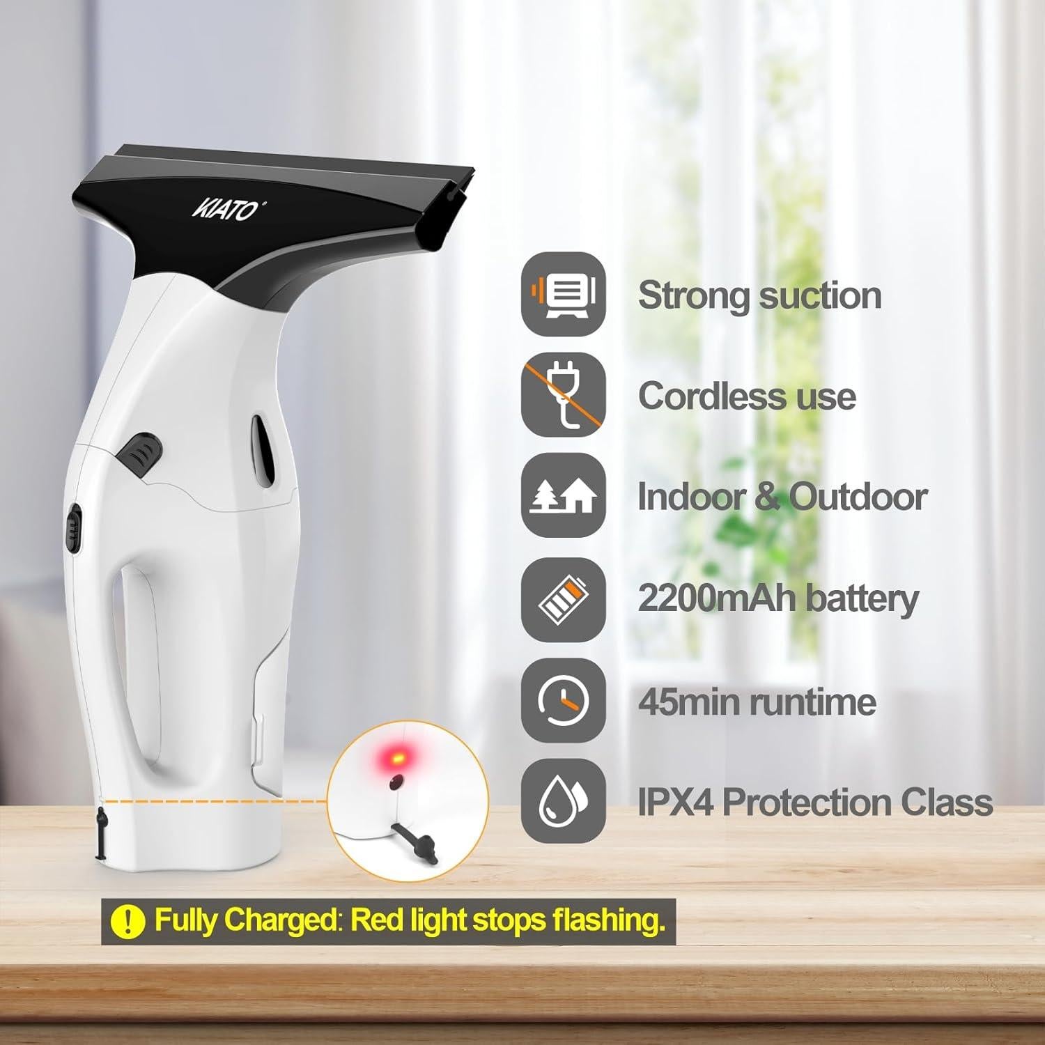 Window Vacuum Squeegee Cordless, Electric Window Vac, Rechargeable Window Cleaner with 2 X Squeegee (11”+ 6.7”), Spray/Wipe/Suck, for Cleaning Windows, Mirror, Shower Glass, 2200mA