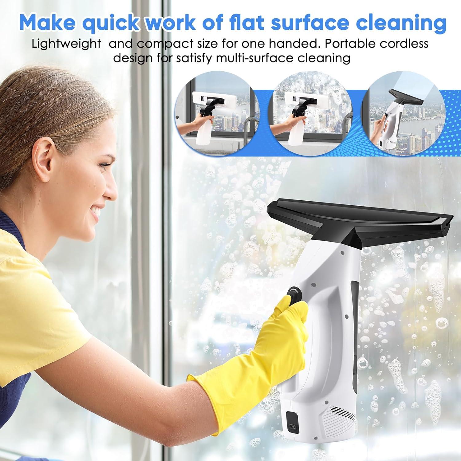 Window Vacuum Squeegee Cordless, Handheld Window Vac with Multi-Purpose Spray Bottle & Microfiber Cloth, Electric Cleaning Tool for Windows, Tiles, Mirror, Countertop, Car Windshield
