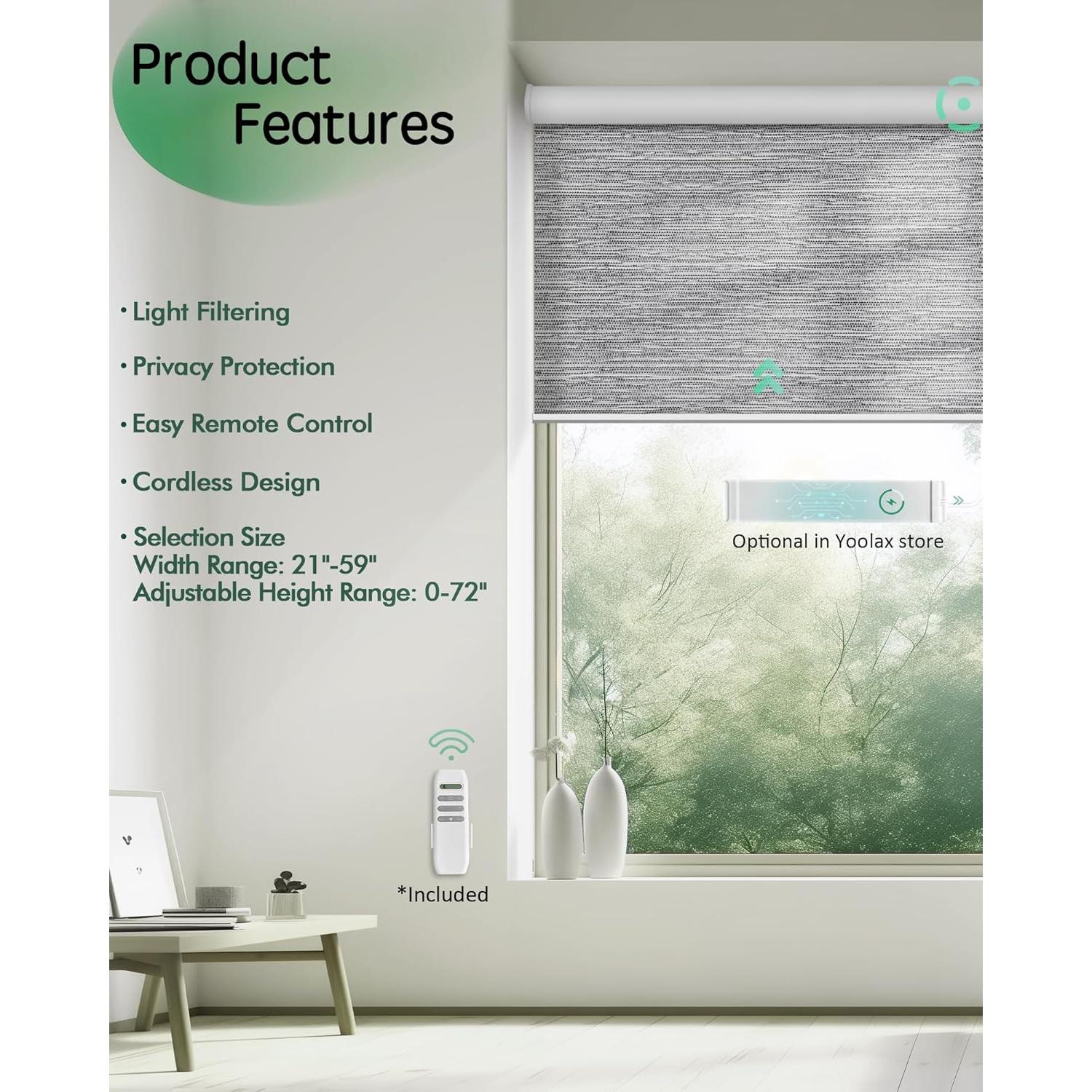 Yoolax Motorized Blinds, Light Filtering Remote Shades for Indoor Windows, Cordless Automatic Roller Shades App Control for Bedroom Living Room Office (50% Shading Jacquard Gray, 46" W x 72" H)