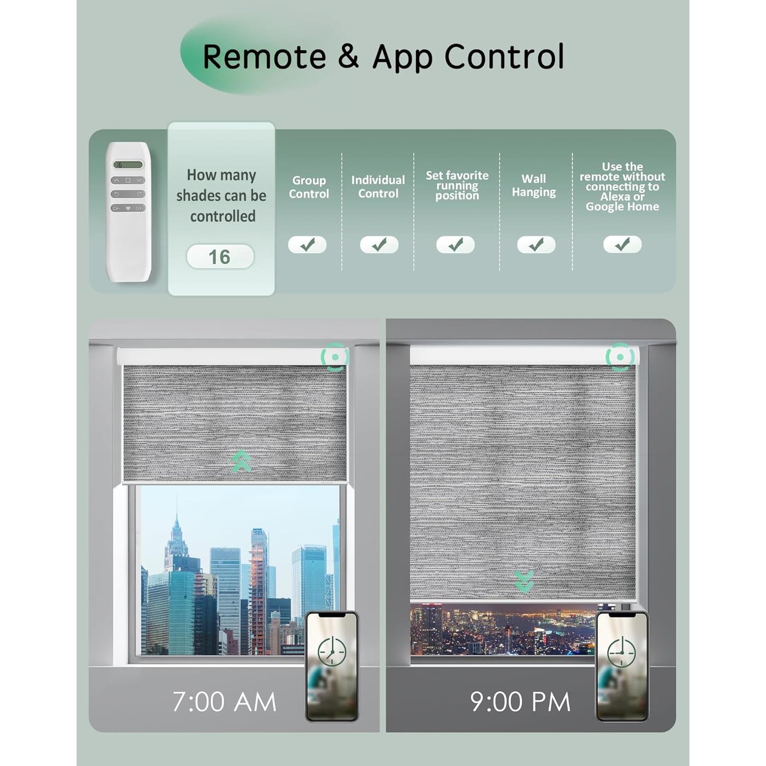 Yoolax Motorized Blinds, Light Filtering Remote Shades for Indoor Windows, Cordless Automatic Roller Shades App Control for Bedroom Living Room Office (50% Shading Jacquard Gray, 46" W x 72" H)