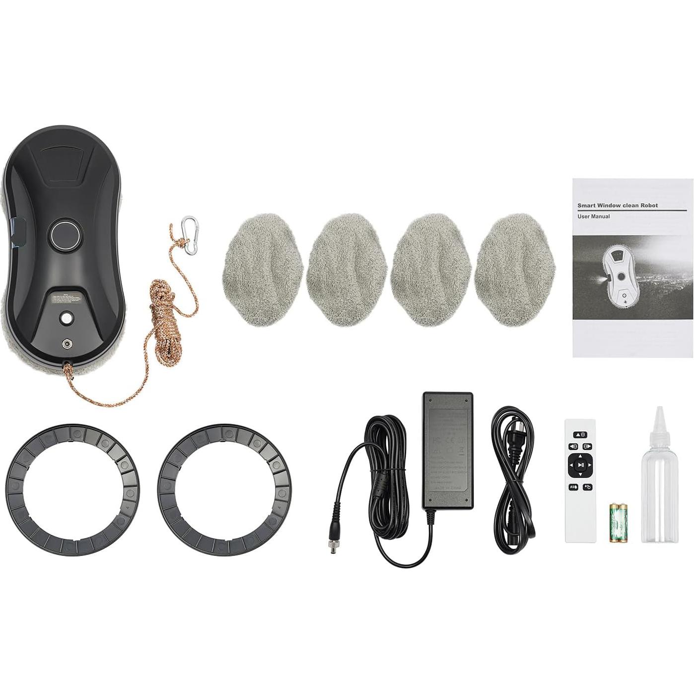 Smart Window Cleaner, Window Cleaning Machine with Remote Control&Water Adding Bottle&Cleaning Cloths Smart Glass Cleaning Machine for Tiles Mirrors 2800pa Suction Power, Black