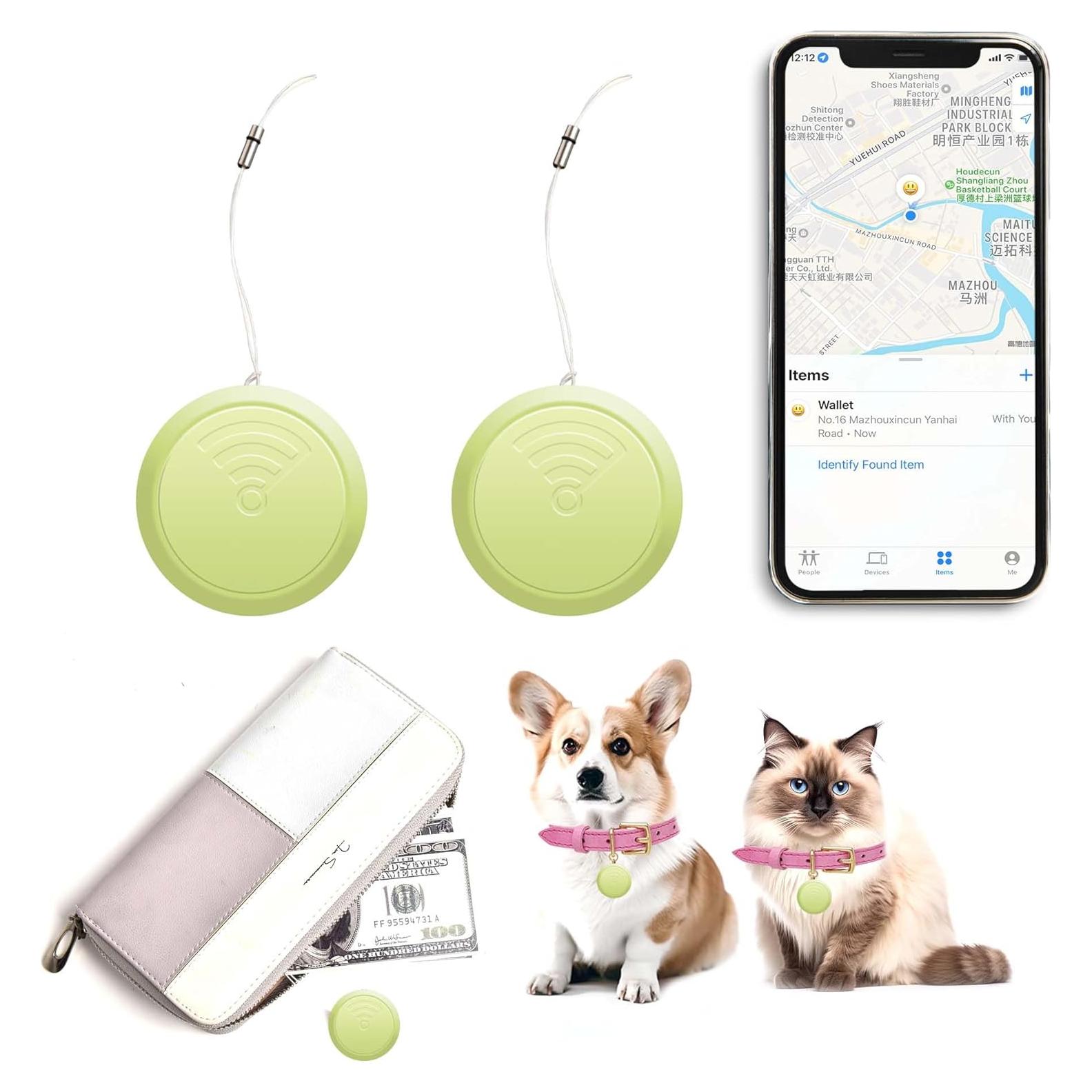 2 Pack Bluetooth Tracker, Tags Tracker Item Finder Compatible with Apple Find My (iOS Only), GPS Track Your Keys,Wallet,Luggage,Backpack,Kids,Pet and Collars, with Replaceable Battery (2 pcs Green)