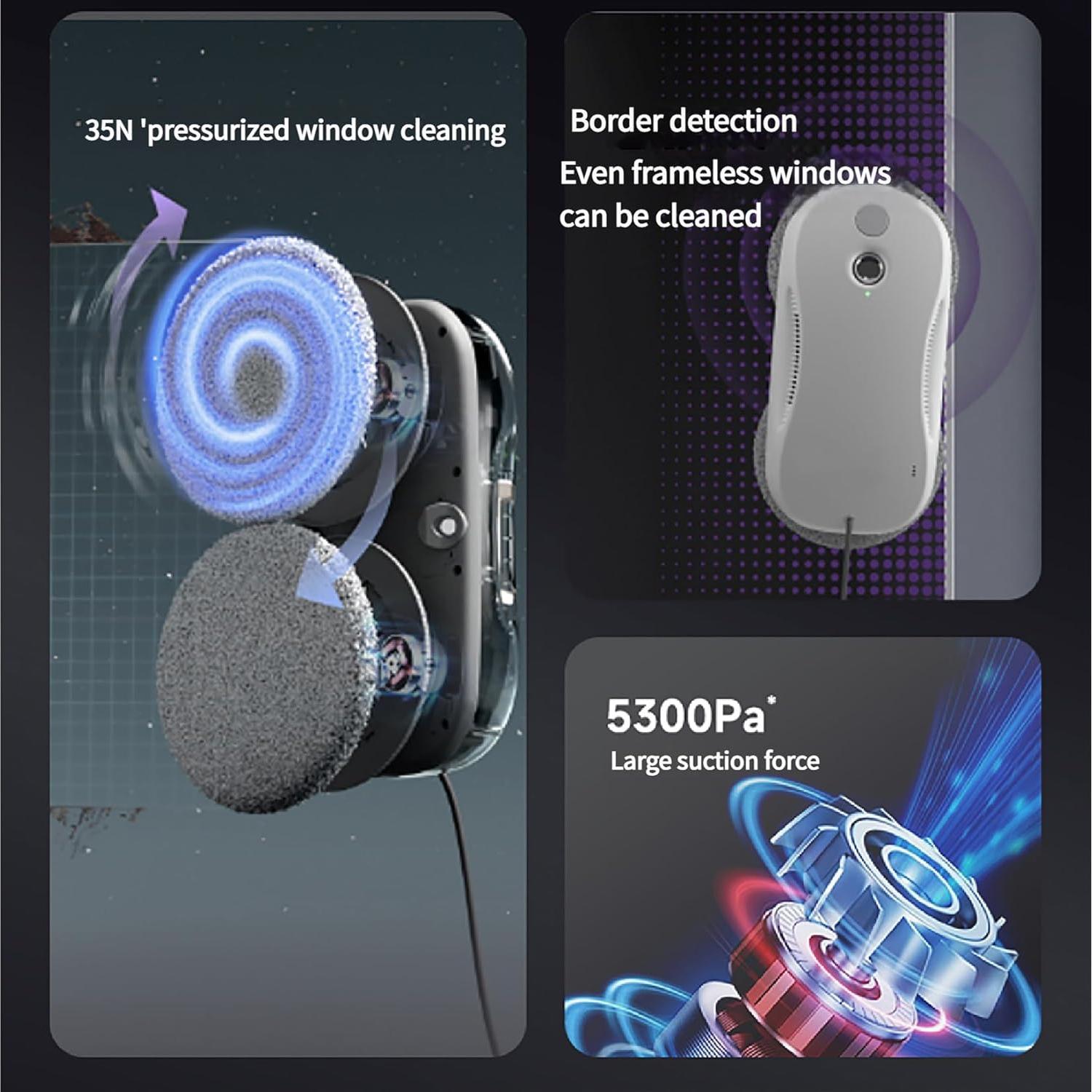 Potable Window Cleaning Robot S9 Pro,5300pa Frequency Conversion Power Suction AI Path Planning Frameless Window Inside/Outside Available,Silver