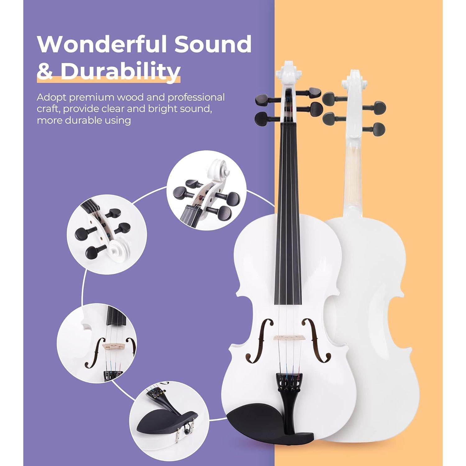 Vangoa Violín 4/4 Blanco con Estuche y Accesorios