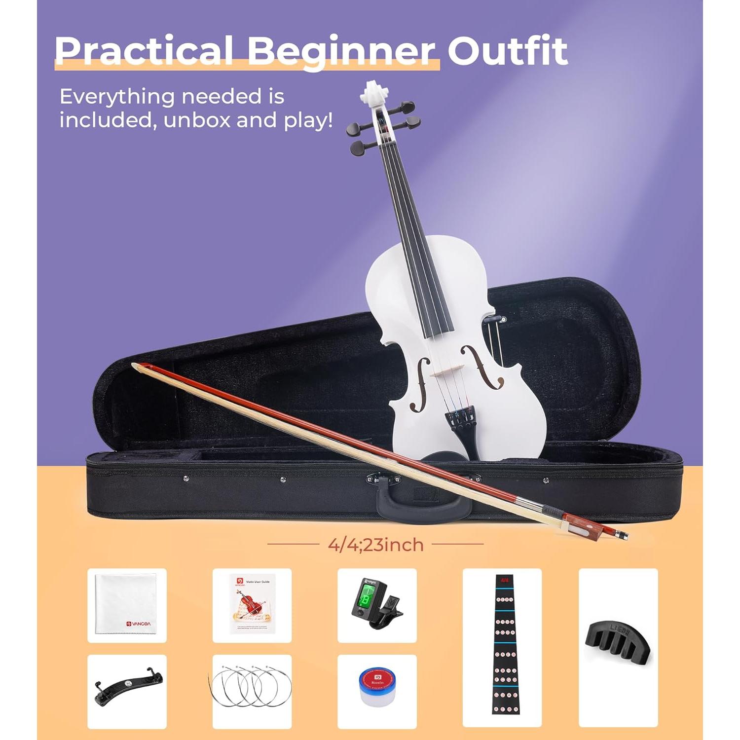 Vangoa Violín 4/4 Blanco con Estuche y Accesorios