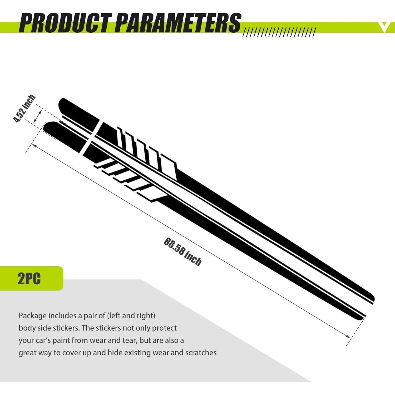 2 PCS Car Side Skirt Decals, 88.58" x 4.52" Long Stripes Stickers, PVC Auto Personalized Stickers, Waterproof Body Decoration, Universal for Most Cars, Trucks, SUVs (Black)