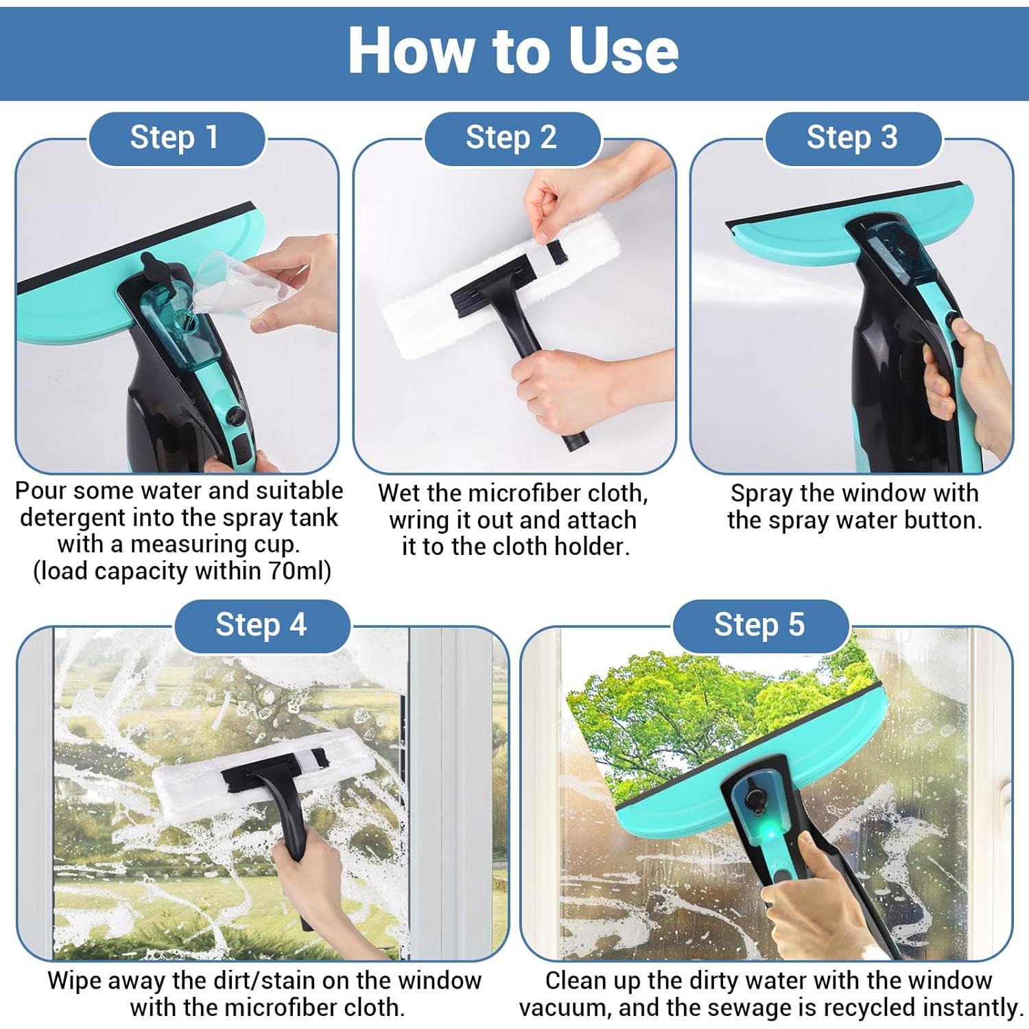 Aspiradora de Ventanas Kiato 3 en 1 Recargable 2200mAh