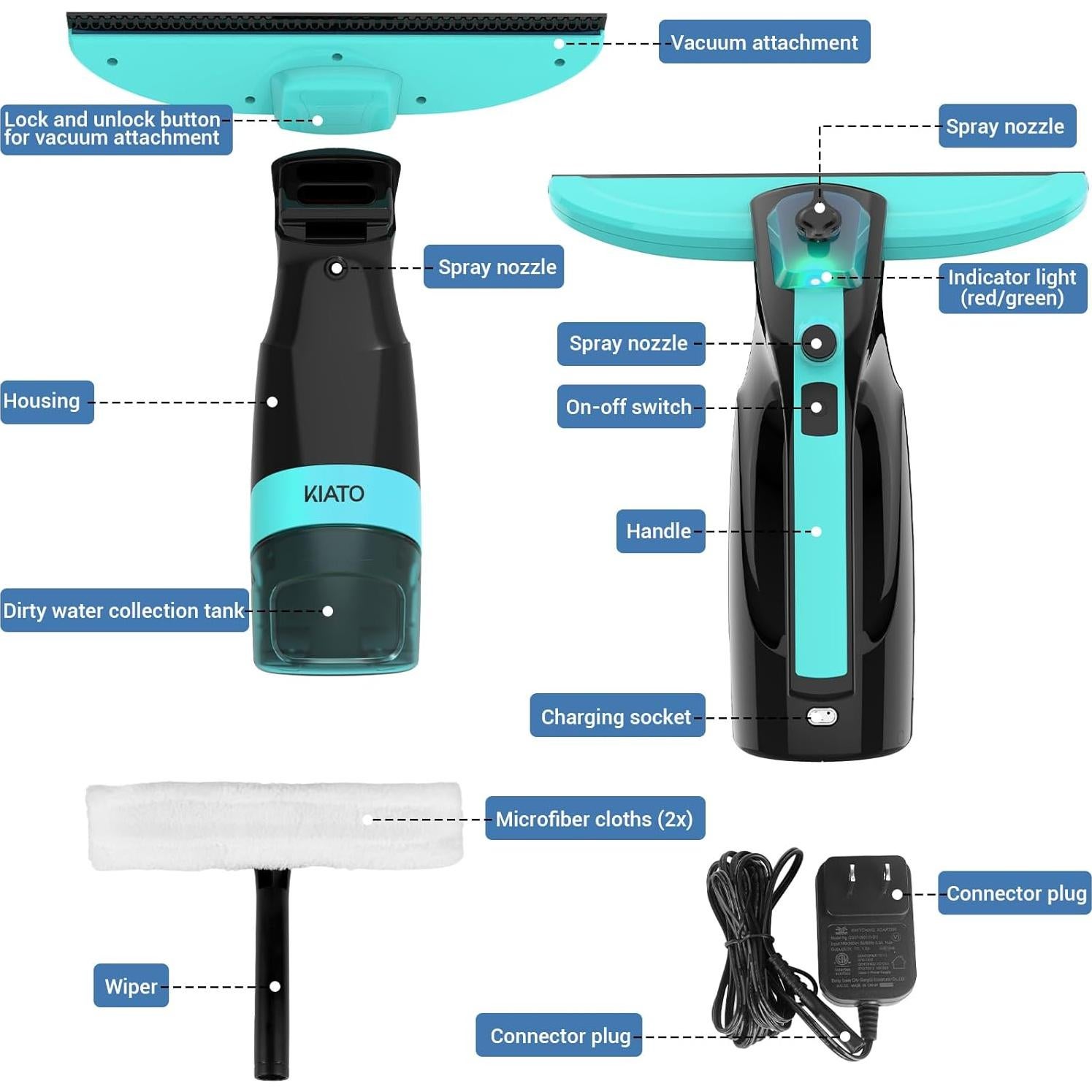Aspiradora de Ventanas Kiato 3 en 1 Recargable 2200mAh