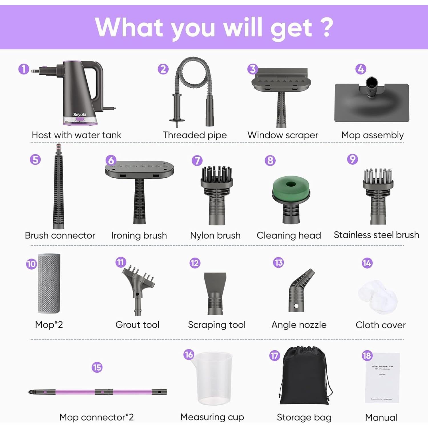 Limpiador de Vapor de Mano Seyola 9 en 1 1300W 370ml Púrpura-Gris