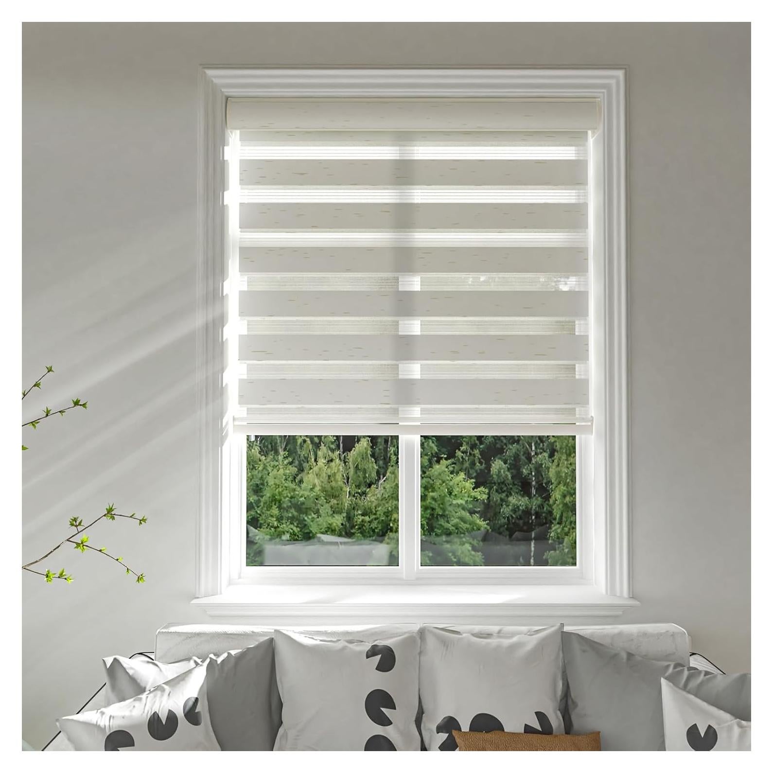 Changshade Cordless Zebra Shades for Windows Pull Down Roller Window Blinds Dual Layer Light Filtering Privacy for Day and Night,Free-Stop Door Shades for Home Easy to Install,46" W×72" H,Beige