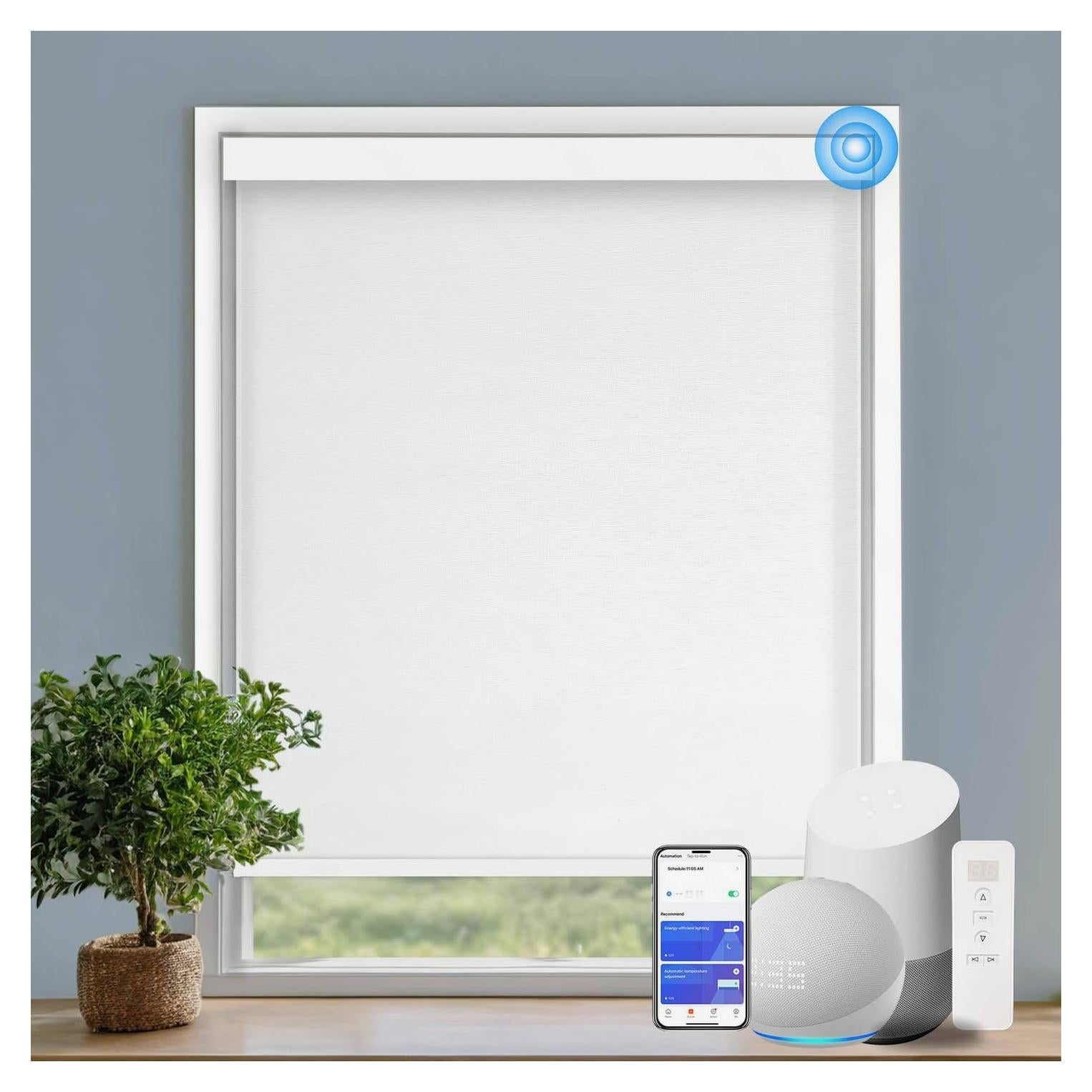 Motorized Blinds with Remote Cordless Automatic Motorized Shades Custom Blinds for Indoor Windows Smart Curtains with Alexa Google Home(Light Filtering Jacquard White,W57 x H72in)